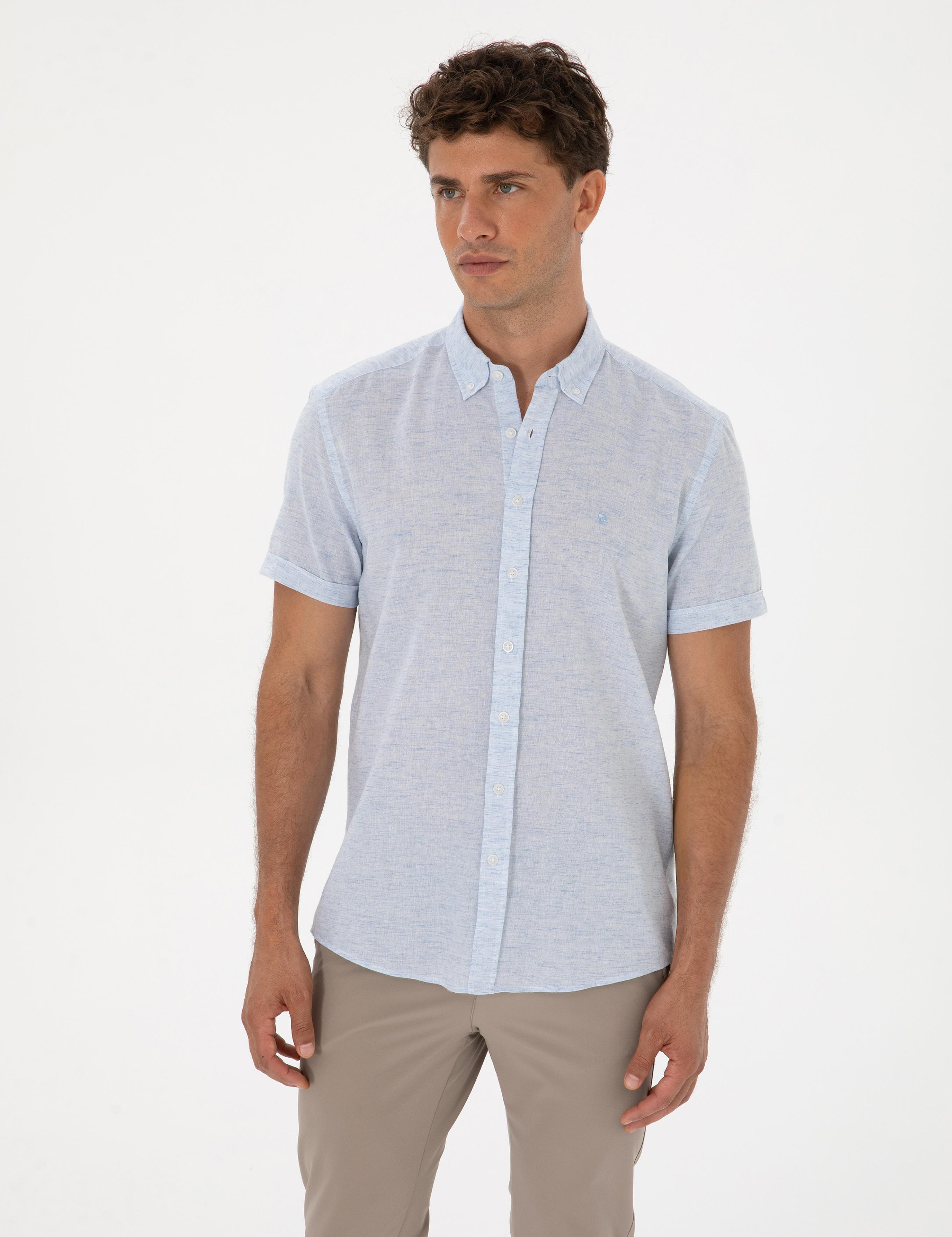 Açık Mavi Keten Karışımlı Regular Fit Kısa Kollu Gömlek