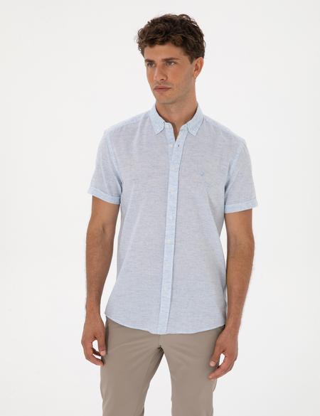 Açık Mavi Keten Karışımlı Regular Fit Kısa Kollu Gömlek - 50307067002