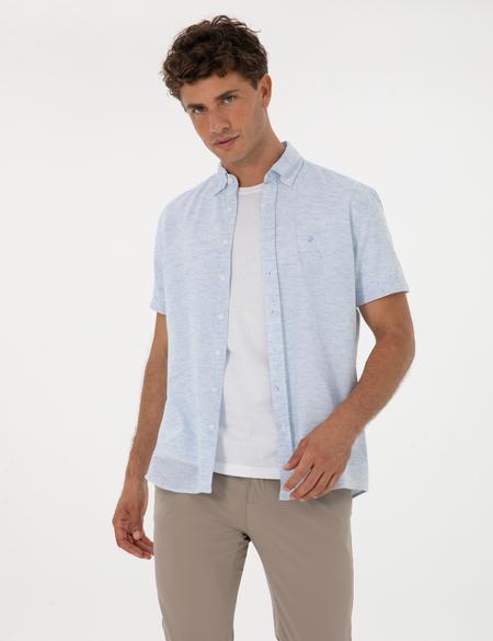 Açık Mavi Keten Karışımlı Regular Fit Kısa Kollu Gömlek - 50307067002