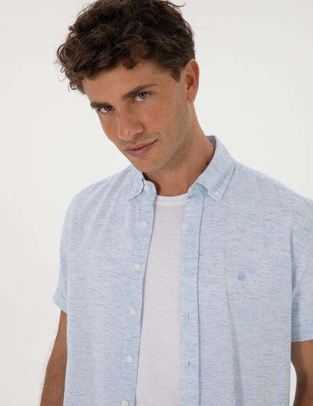Açık Mavi Keten Karışımlı Regular Fit Kısa Kollu Gömlek - 50307067002