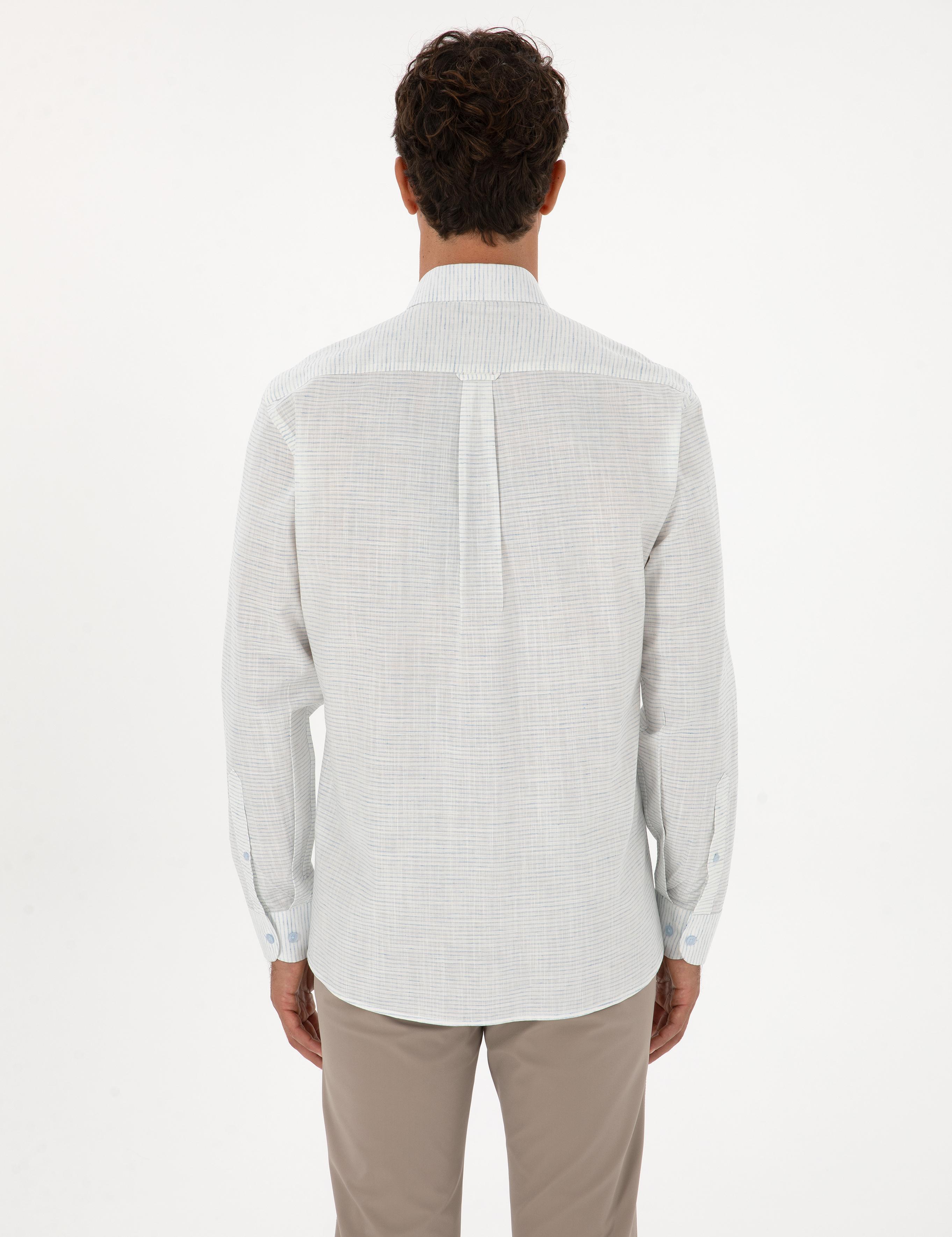 Mavi Keten Karışımlı Regular Fit Uzun Kollu Gömlek