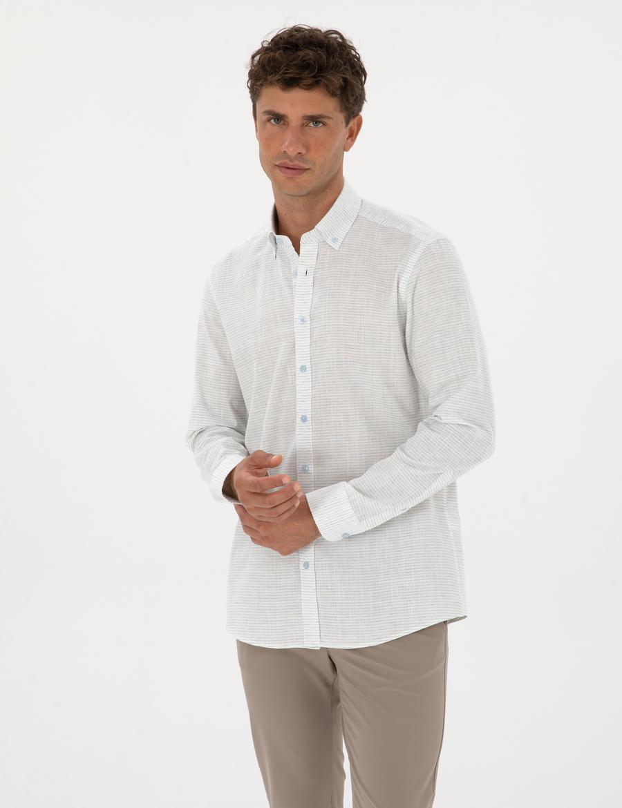 Mavi Keten Karışımlı Regular Fit Uzun Kollu Gömlek