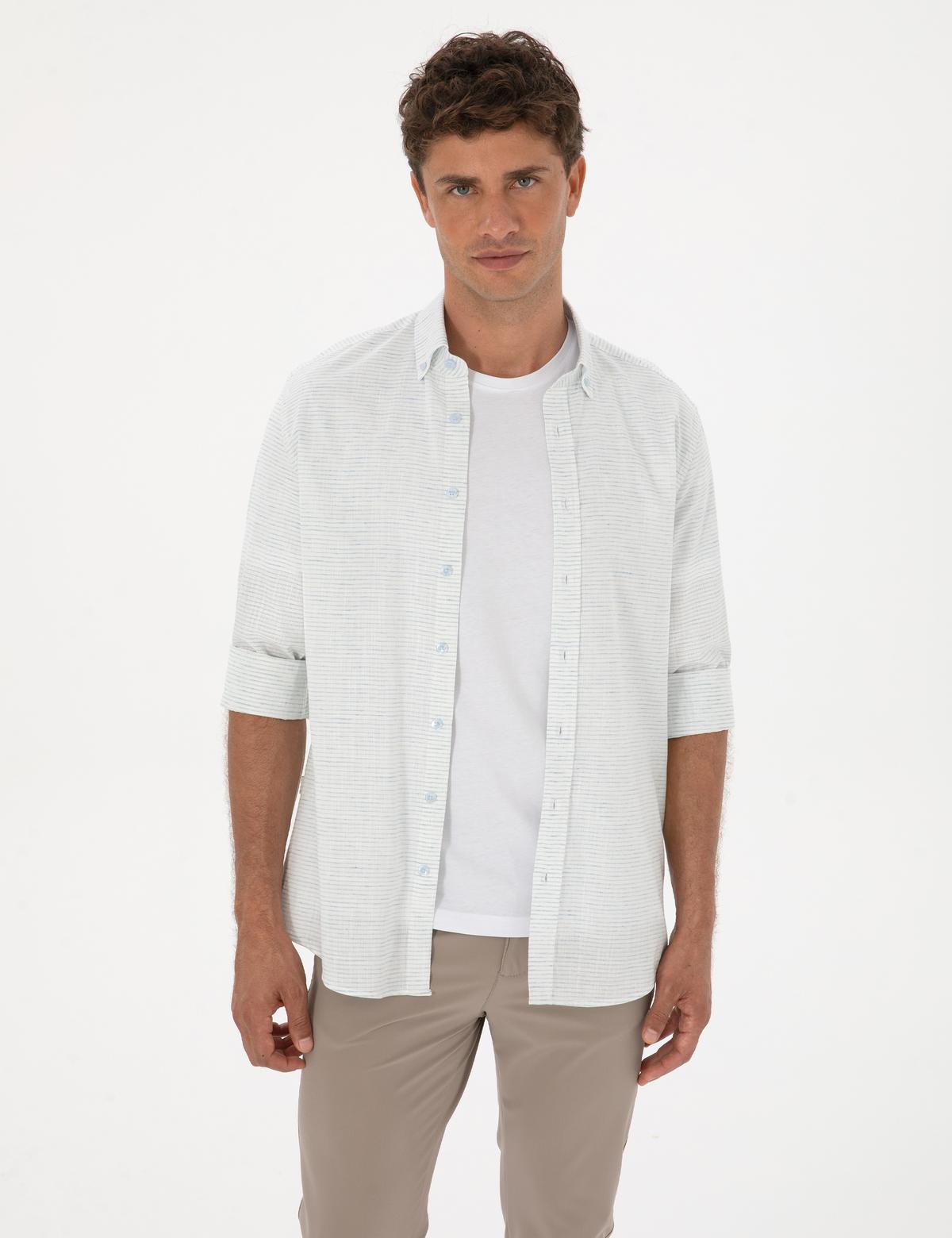 Mavi Keten Karışımlı Regular Fit Uzun Kollu Gömlek - 50307171008