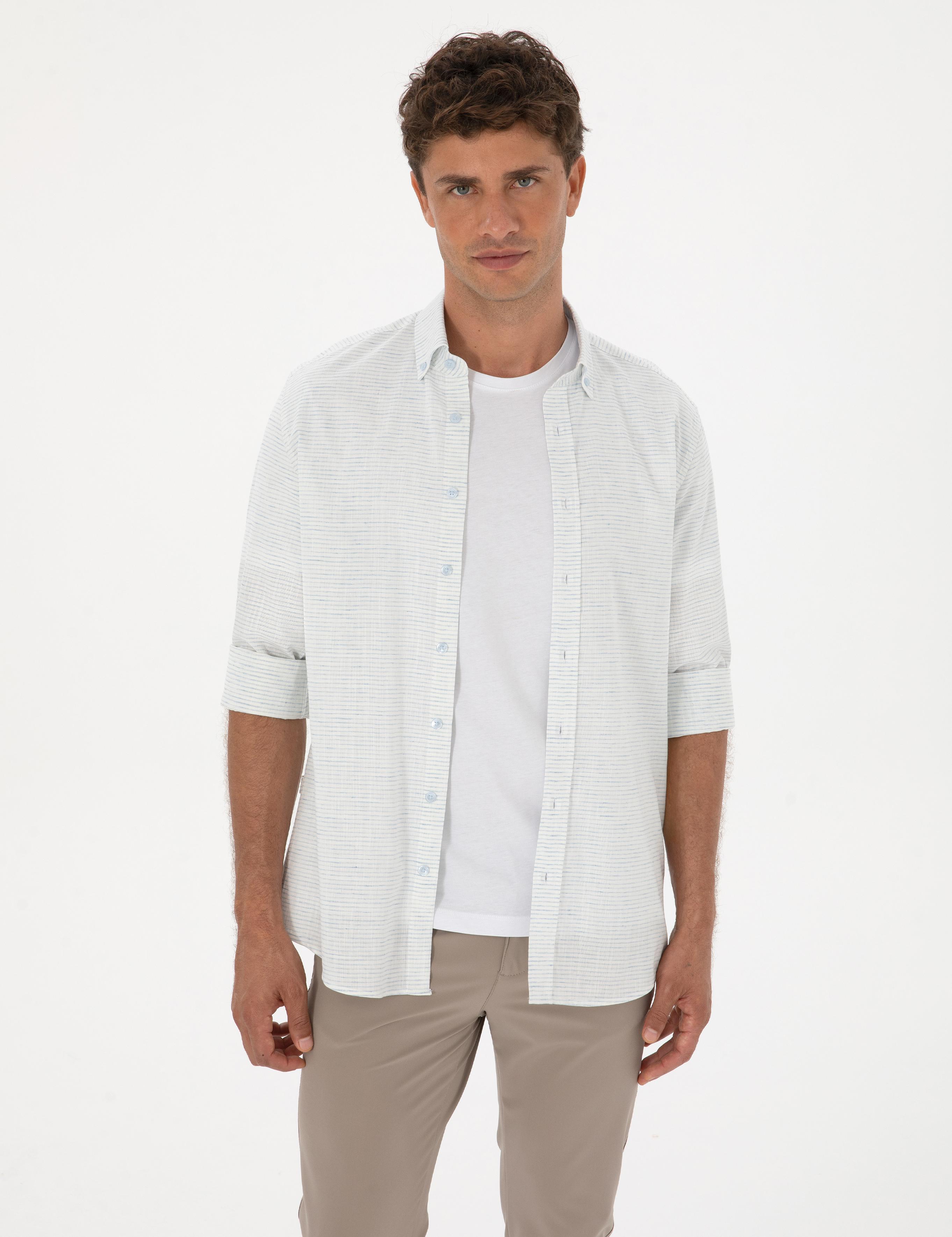 Mavi Keten Karışımlı Regular Fit Uzun Kollu Gömlek