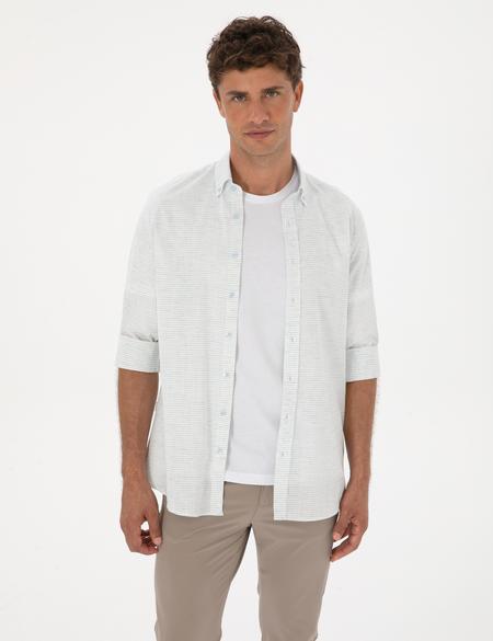 Mavi Keten Karışımlı Regular Fit Uzun Kollu Gömlek - 50307171008