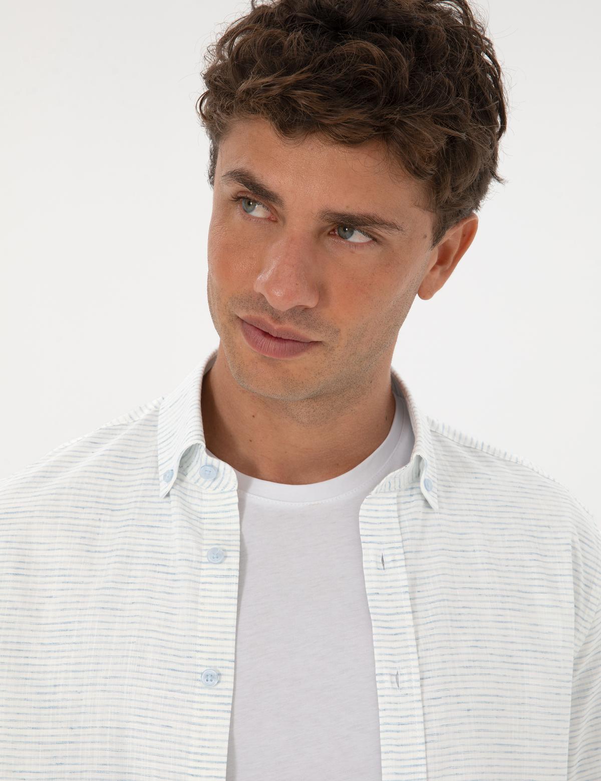 Mavi Keten Karışımlı Regular Fit Uzun Kollu Gömlek - 50307171008