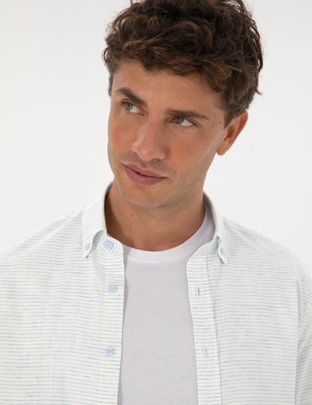 Mavi Keten Karışımlı Regular Fit Uzun Kollu Gömlek - 50307171008