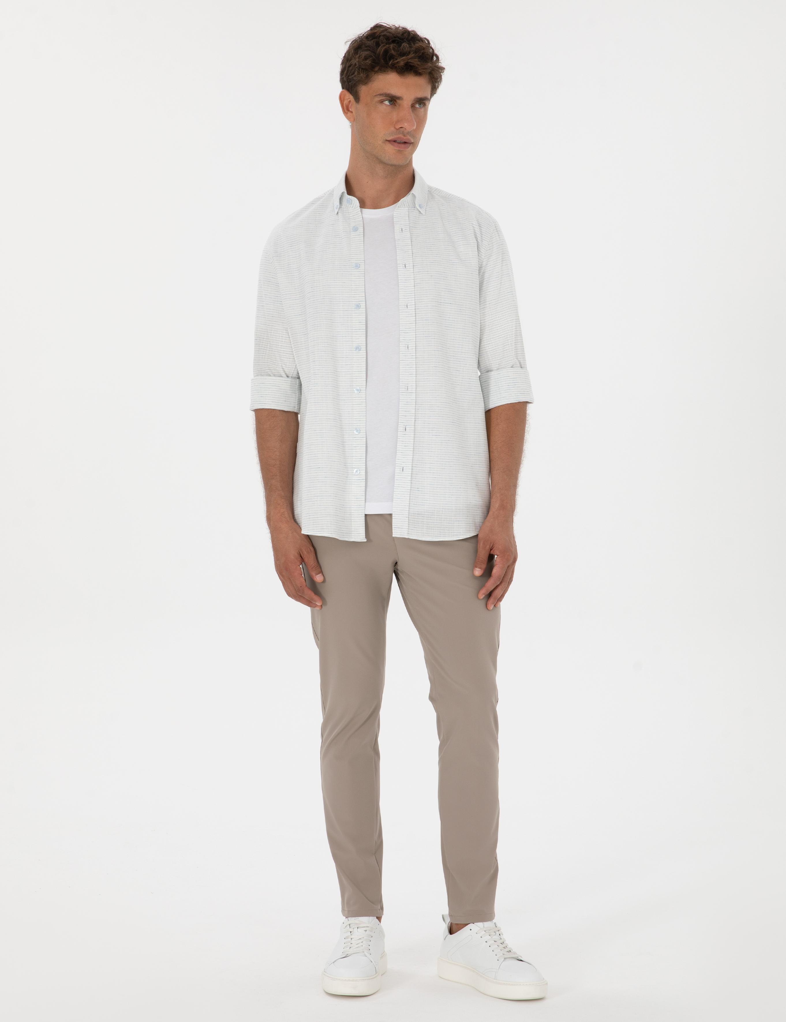 Mavi Keten Karışımlı Regular Fit Uzun Kollu Gömlek