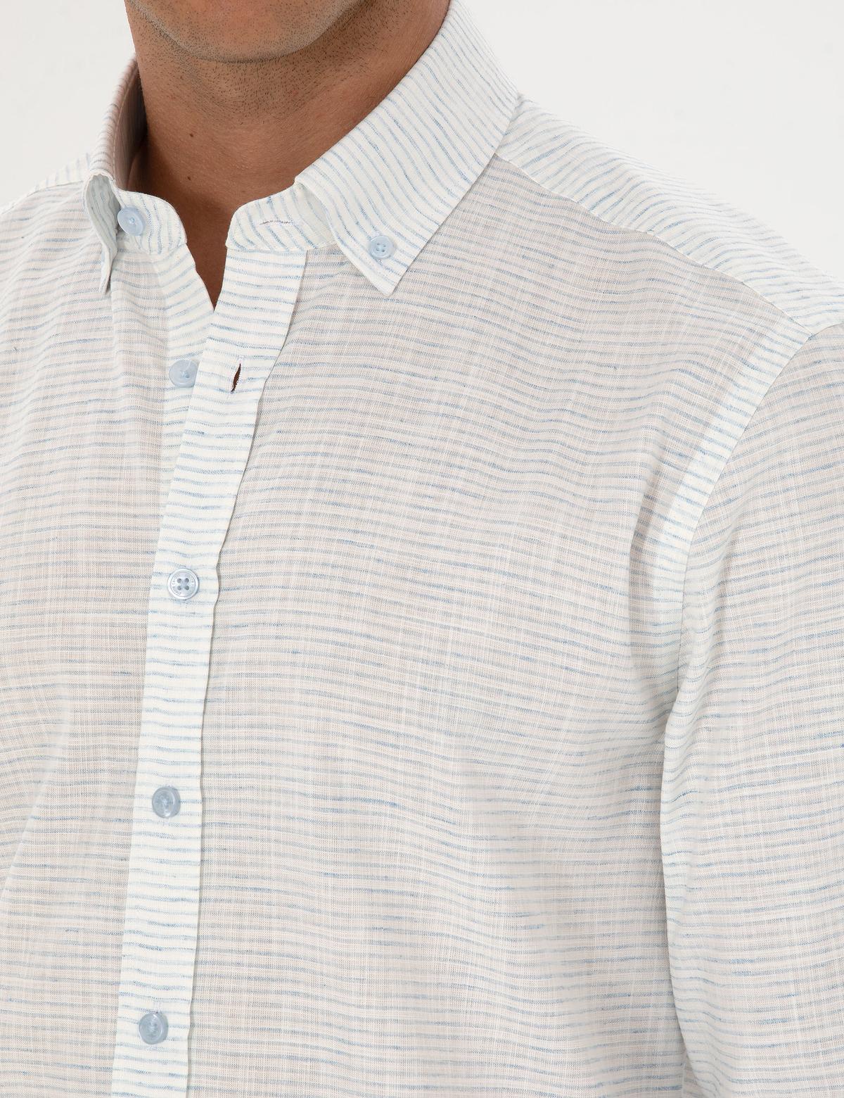 Mavi Keten Karışımlı Regular Fit Uzun Kollu Gömlek - 50307171008