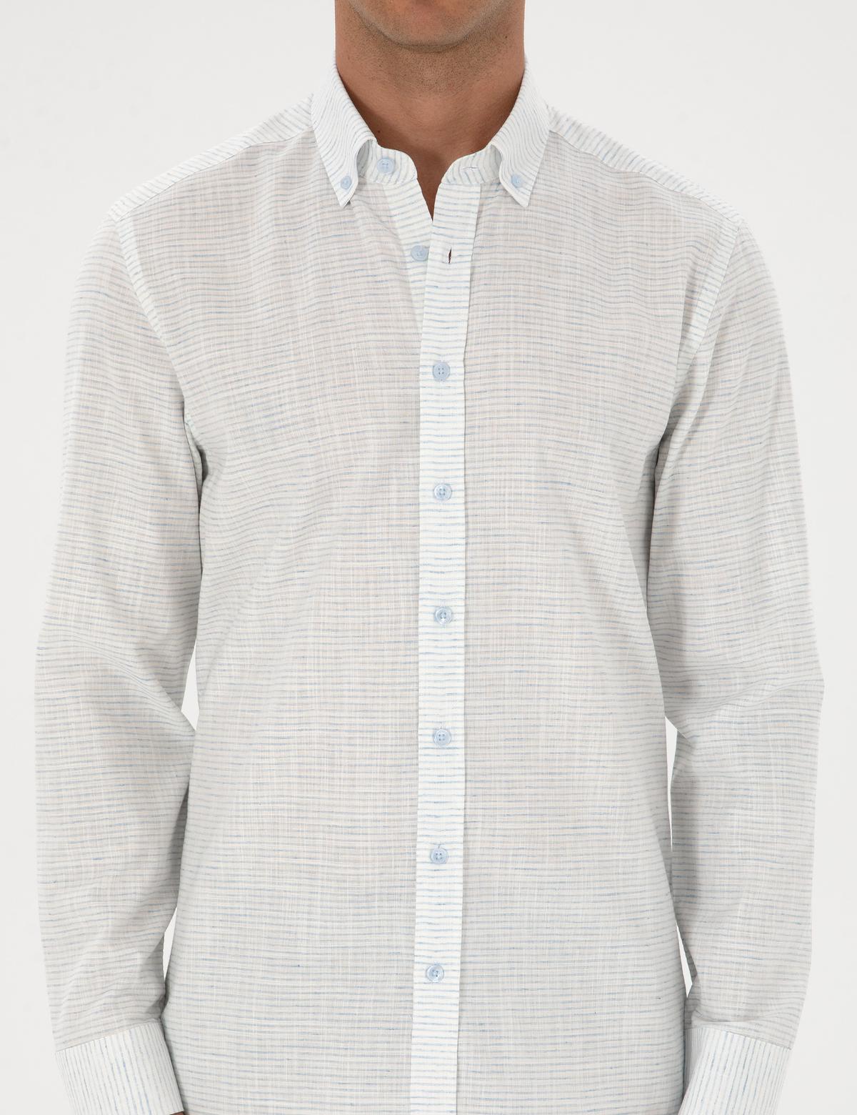 Mavi Keten Karışımlı Regular Fit Uzun Kollu Gömlek - 50307171008