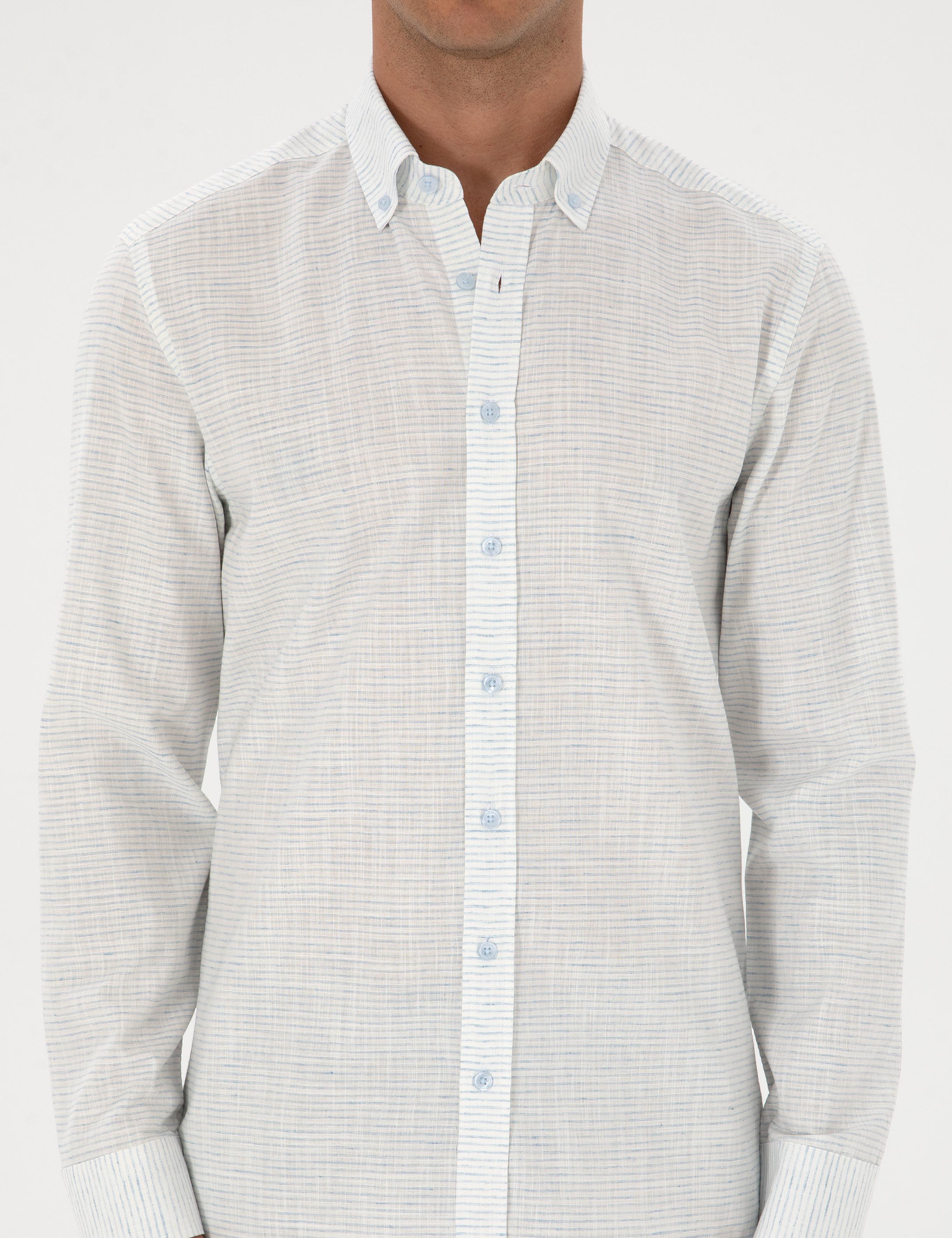 Mavi Keten Karışımlı Regular Fit Uzun Kollu Gömlek