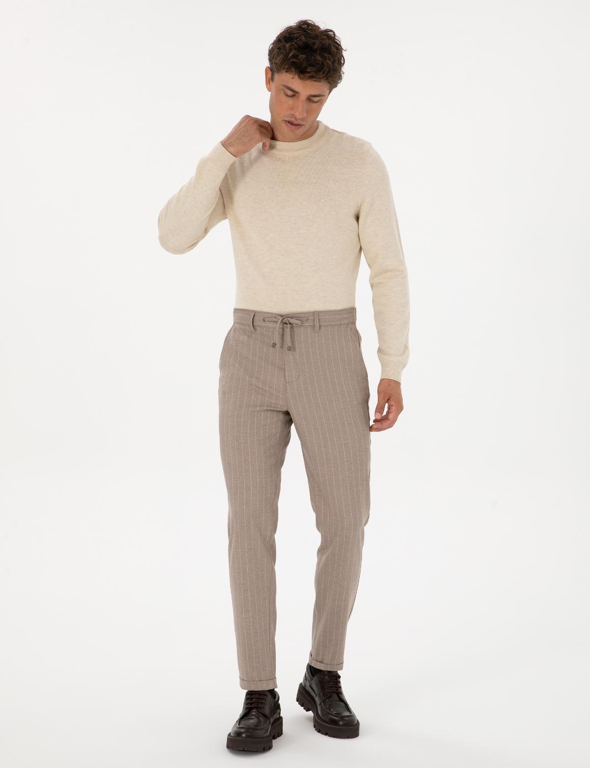 Bej Çizgili Carrot Fit Beli Lastikli Kordonlu Kanvas Pantolon - 50310891028