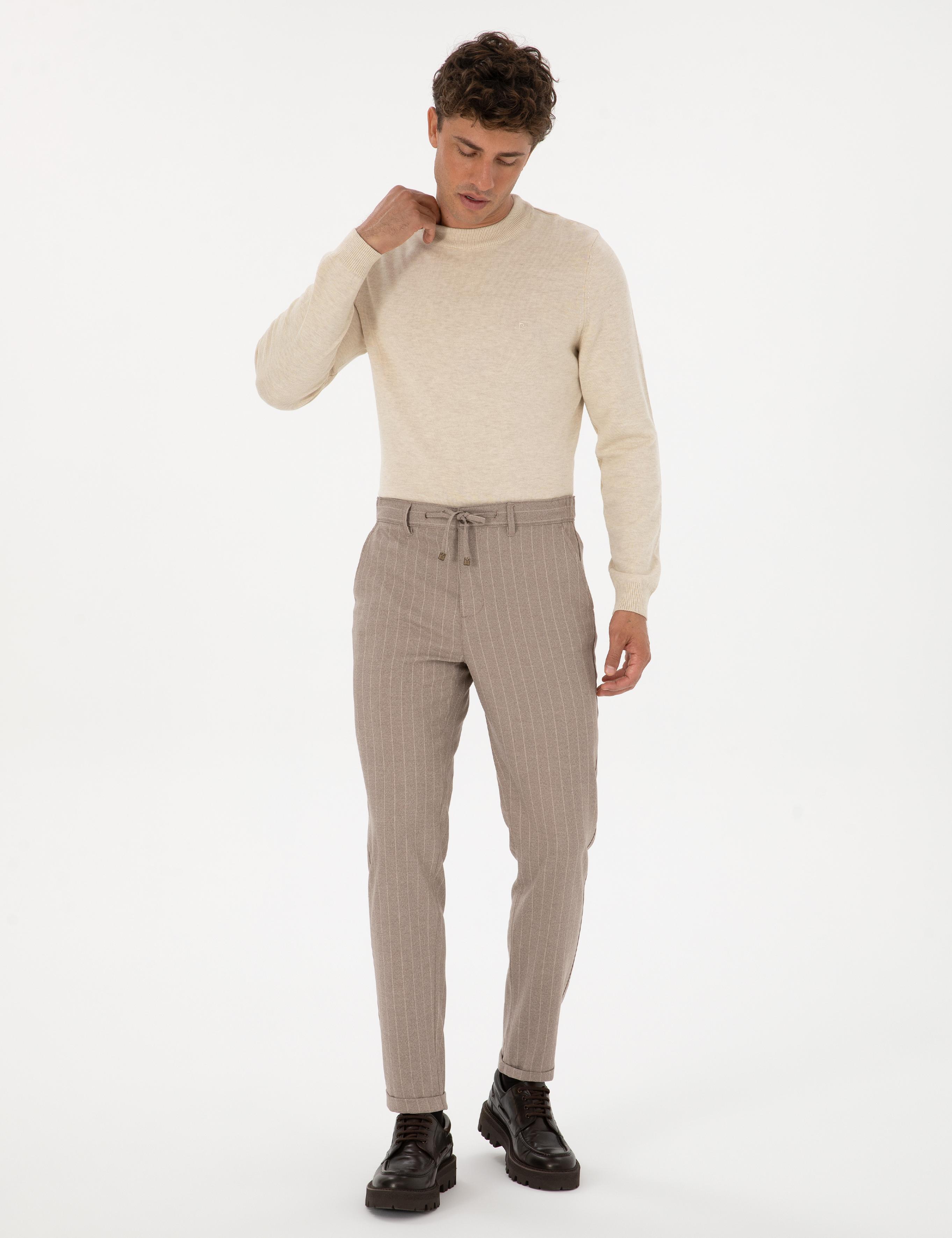 Bej Çizgili Carrot Fit Beli Lastikli Kordonlu Kanvas Pantolon