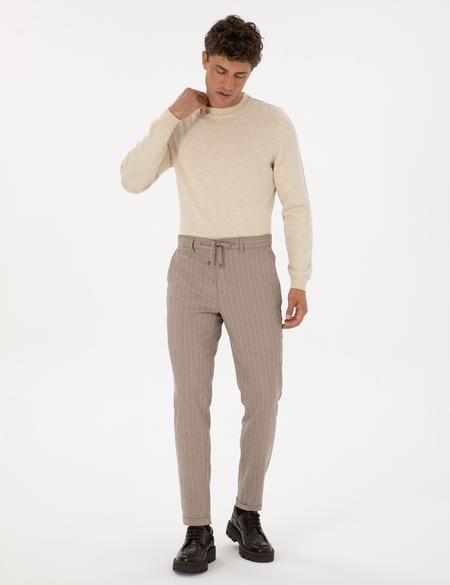 Bej Çizgili Carrot Fit Beli Lastikli Kordonlu Kanvas Pantolon - 50310891028