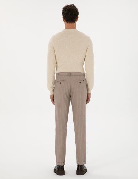 Bej Çizgili Carrot Fit Beli Lastikli Kordonlu Kanvas Pantolon - 50310891028