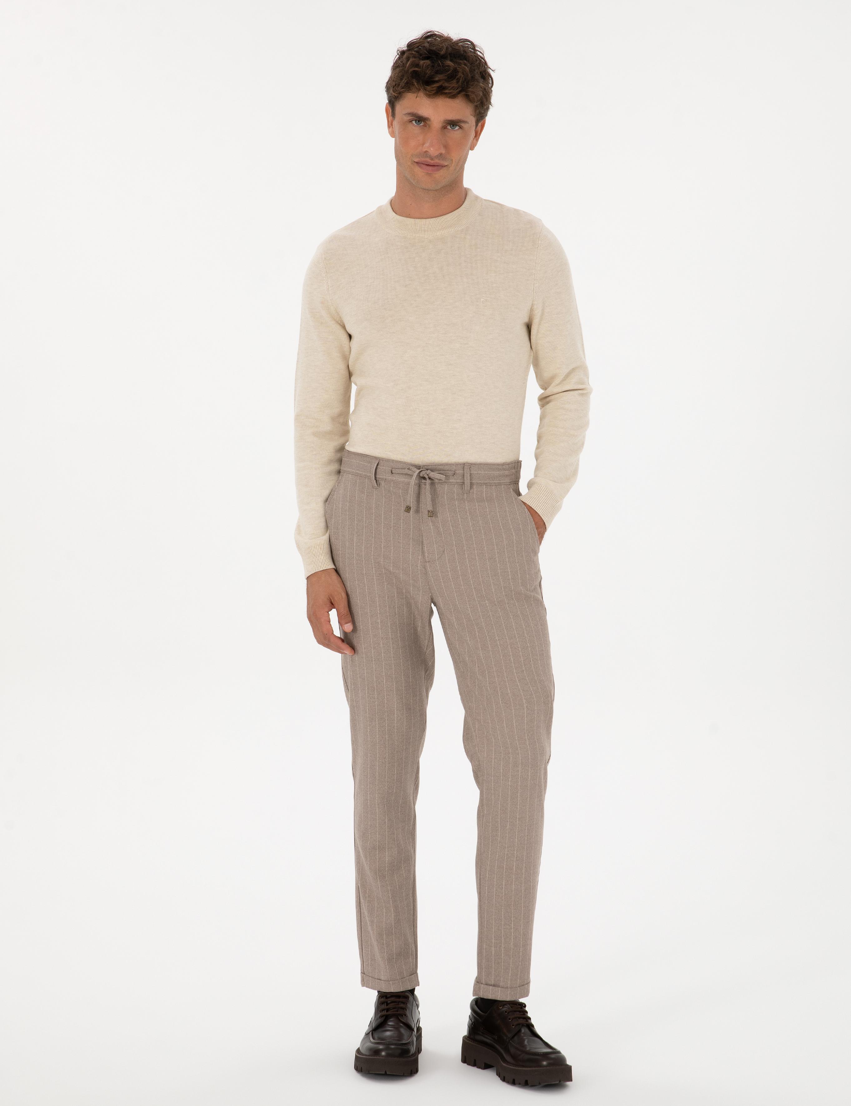 Bej Çizgili Carrot Fit Beli Lastikli Kordonlu Kanvas Pantolon