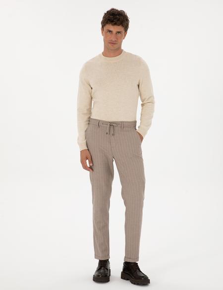 Bej Çizgili Carrot Fit Beli Lastikli Kordonlu Kanvas Pantolon - 50310891028