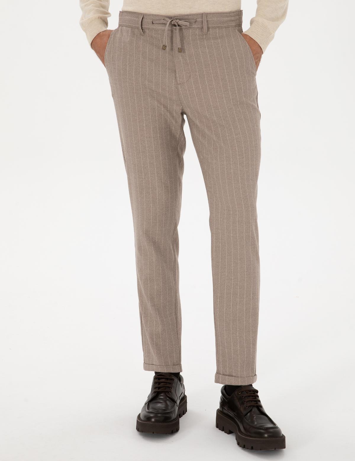 Bej Çizgili Carrot Fit Beli Lastikli Kordonlu Kanvas Pantolon - 50310891028