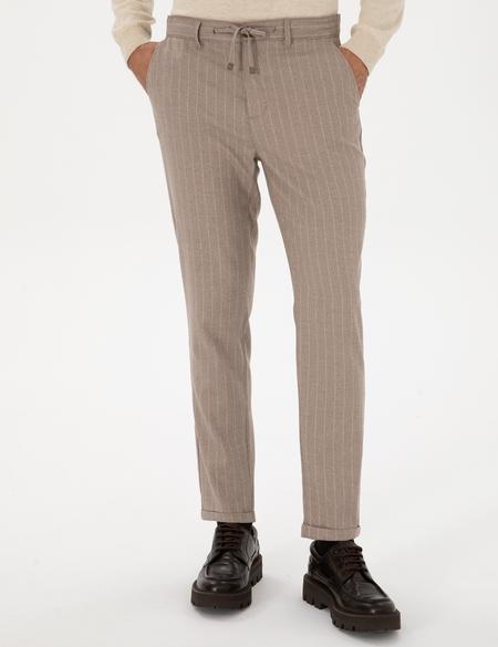 Bej Çizgili Carrot Fit Beli Lastikli Kordonlu Kanvas Pantolon - 50310891028