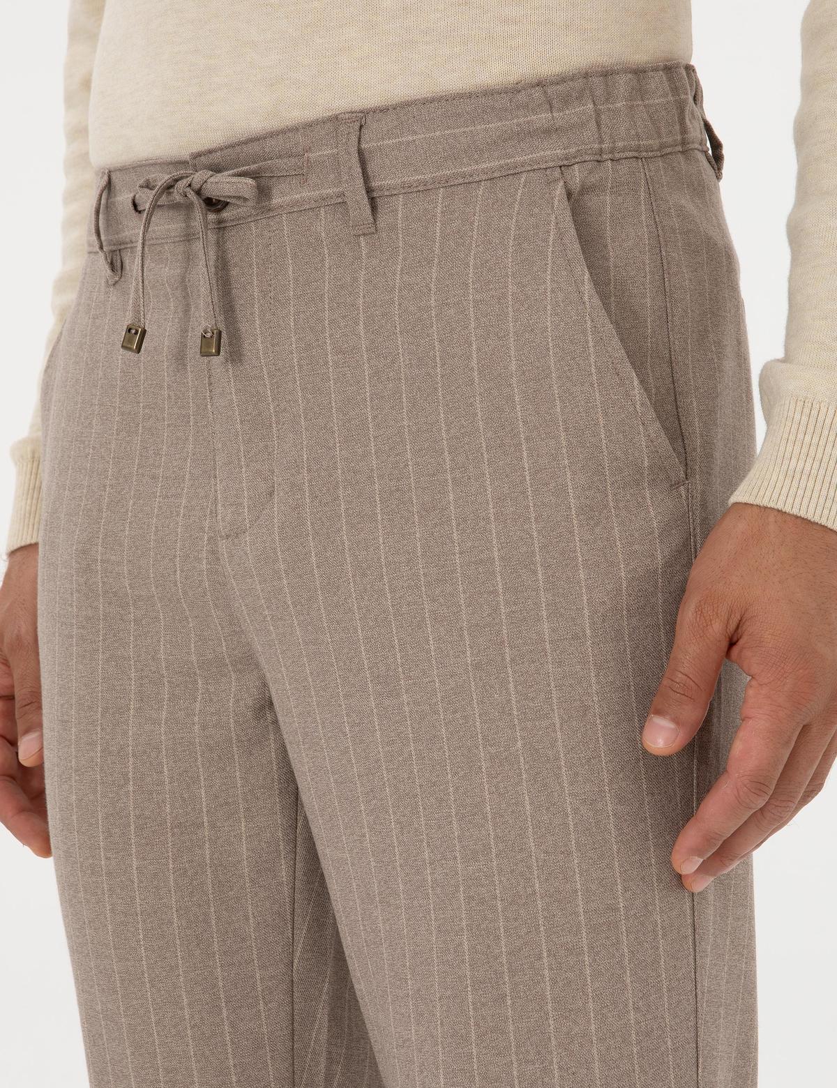 Bej Çizgili Carrot Fit Beli Lastikli Kordonlu Kanvas Pantolon - 50310891028