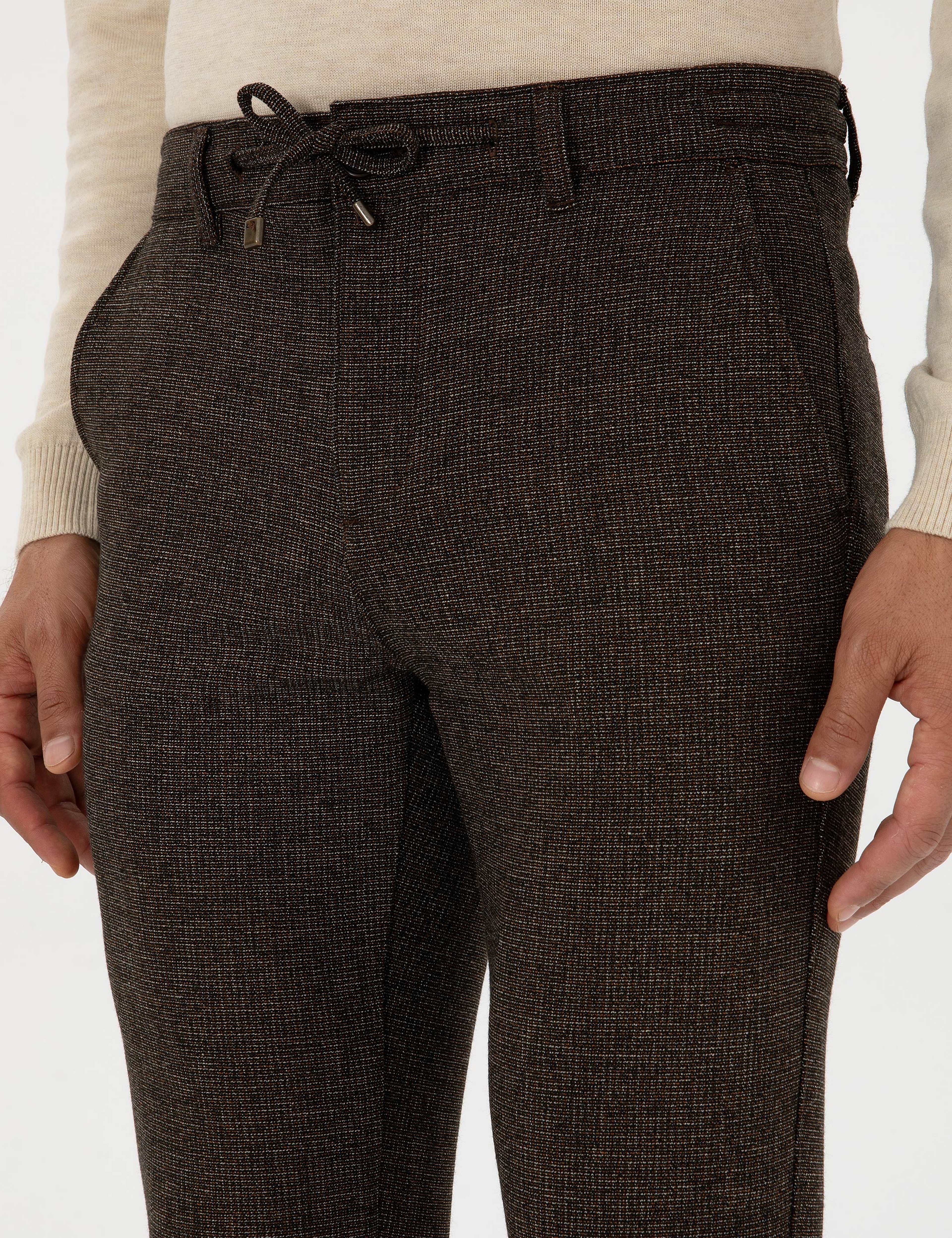 Kahverengi Slim Fit Beli Lastikli Kordonlu Kanvas Pantolon - Image 5