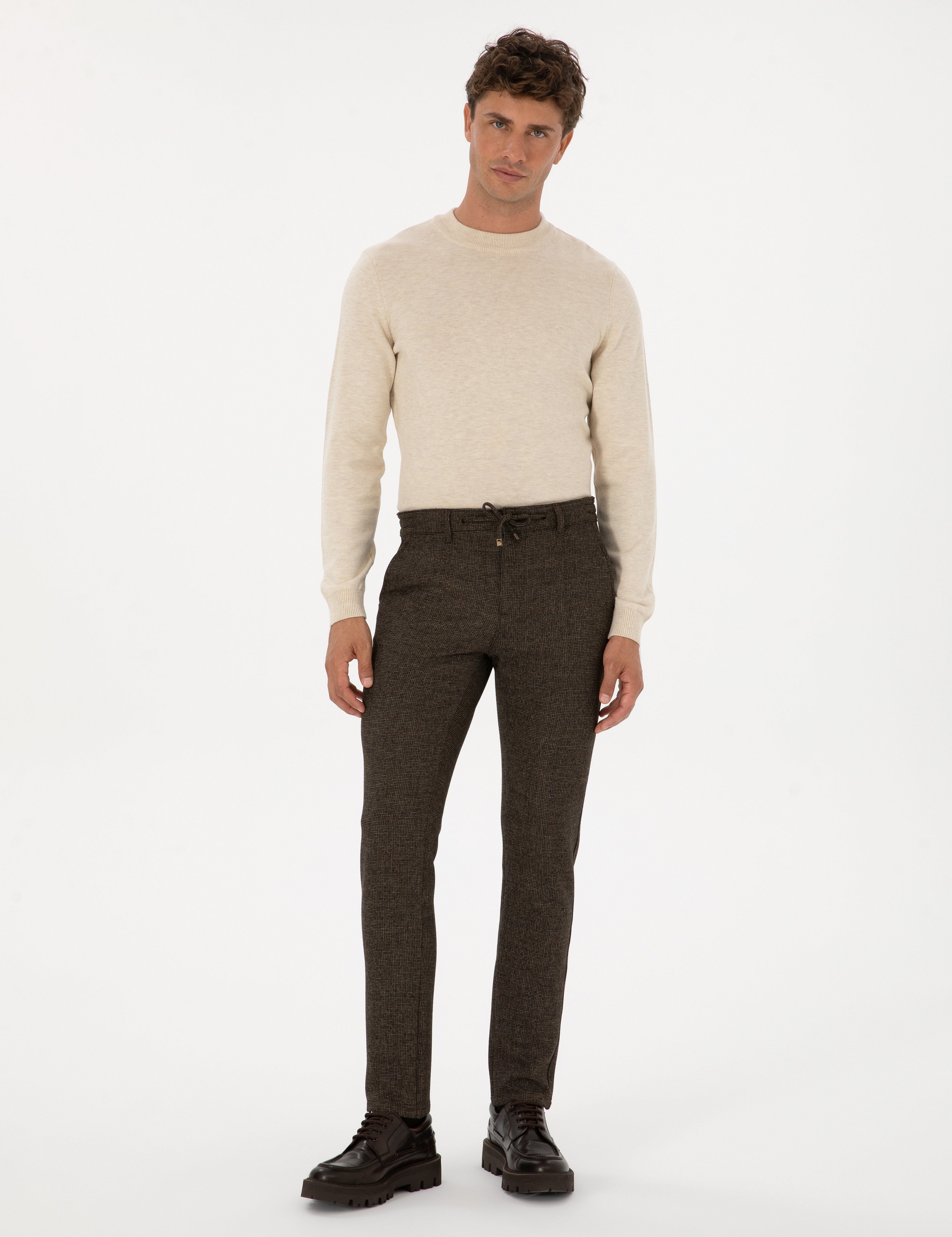 Kahverengi Slim Fit Beli Lastikli Kordonlu Kanvas Pantolon - Image 1