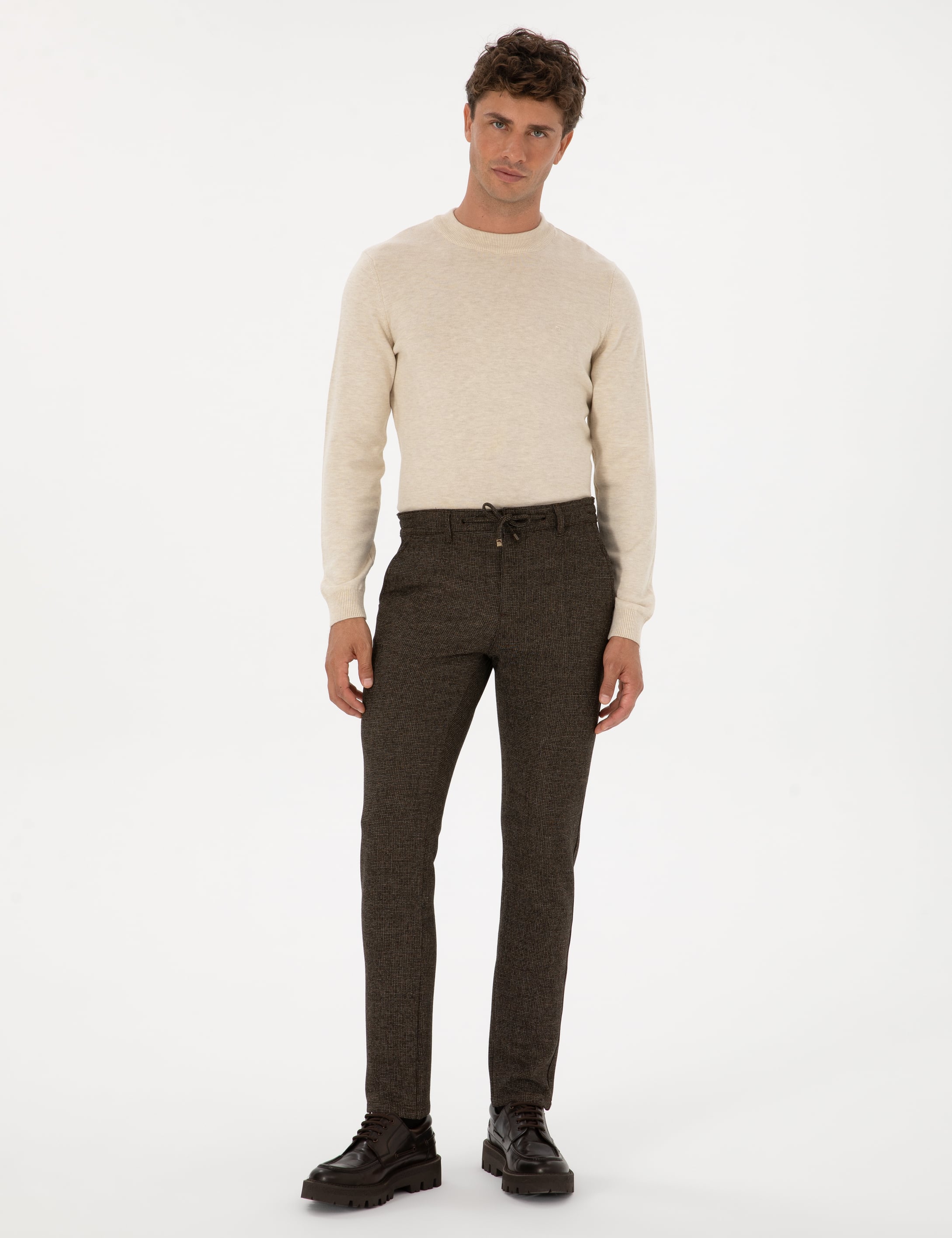 Kahverengi Slim Fit Beli Lastikli Kordonlu Kanvas Pantolon
