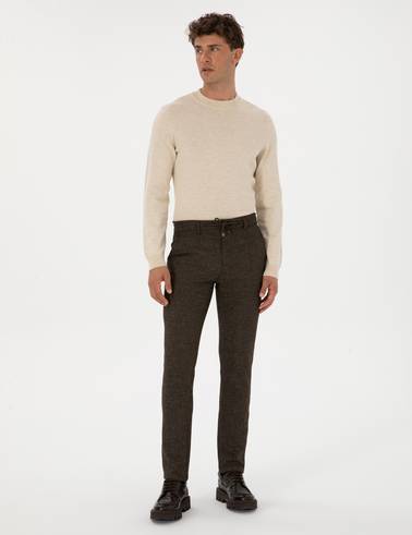 Kahverengi Slim Fit Beli Lastikli Kordonlu Kanvas Pantolon