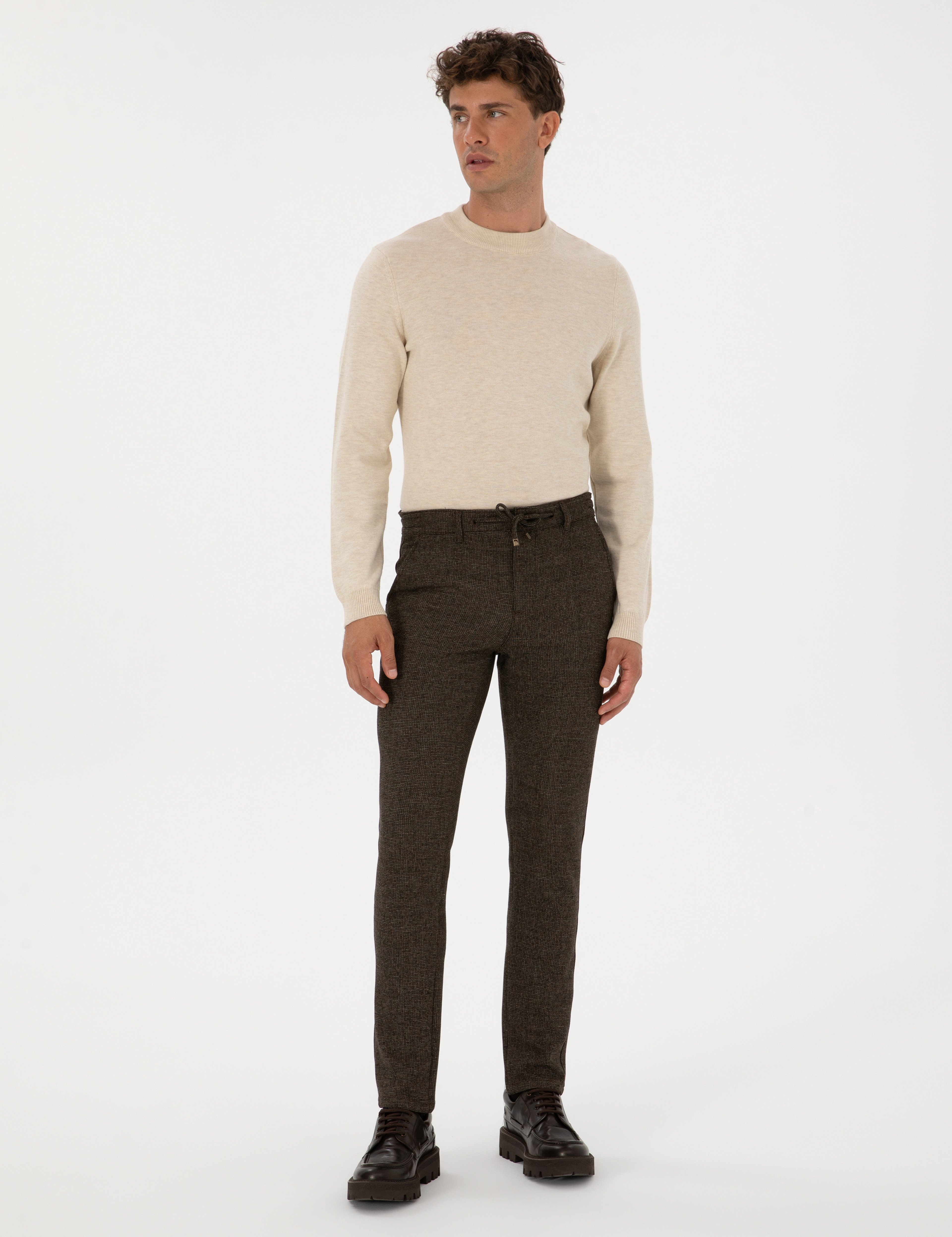 Kahverengi Slim Fit Beli Lastikli Kordonlu Kanvas Pantolon - Image 3