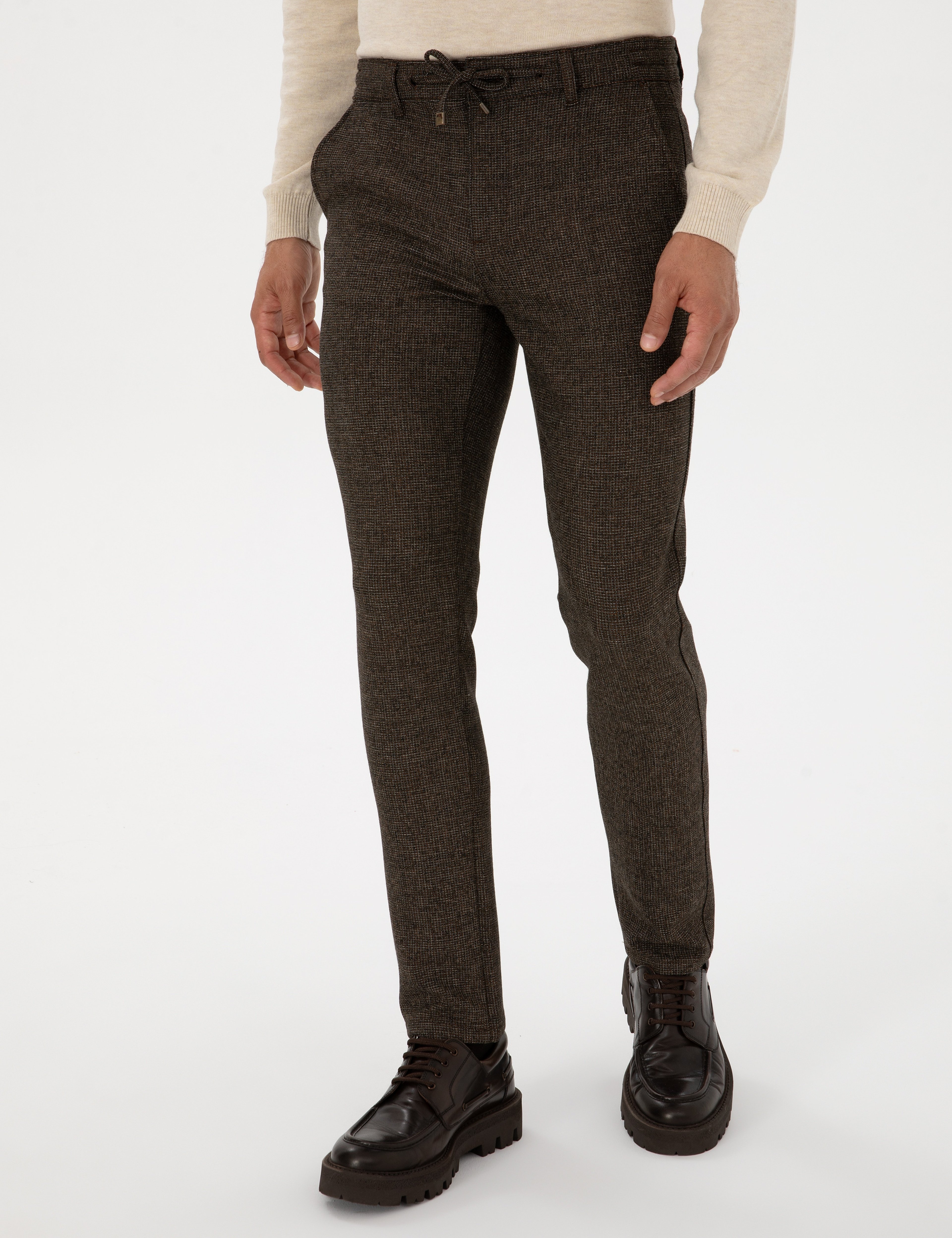 Kahverengi Slim Fit Beli Lastikli Kordonlu Kanvas Pantolon - Image 2