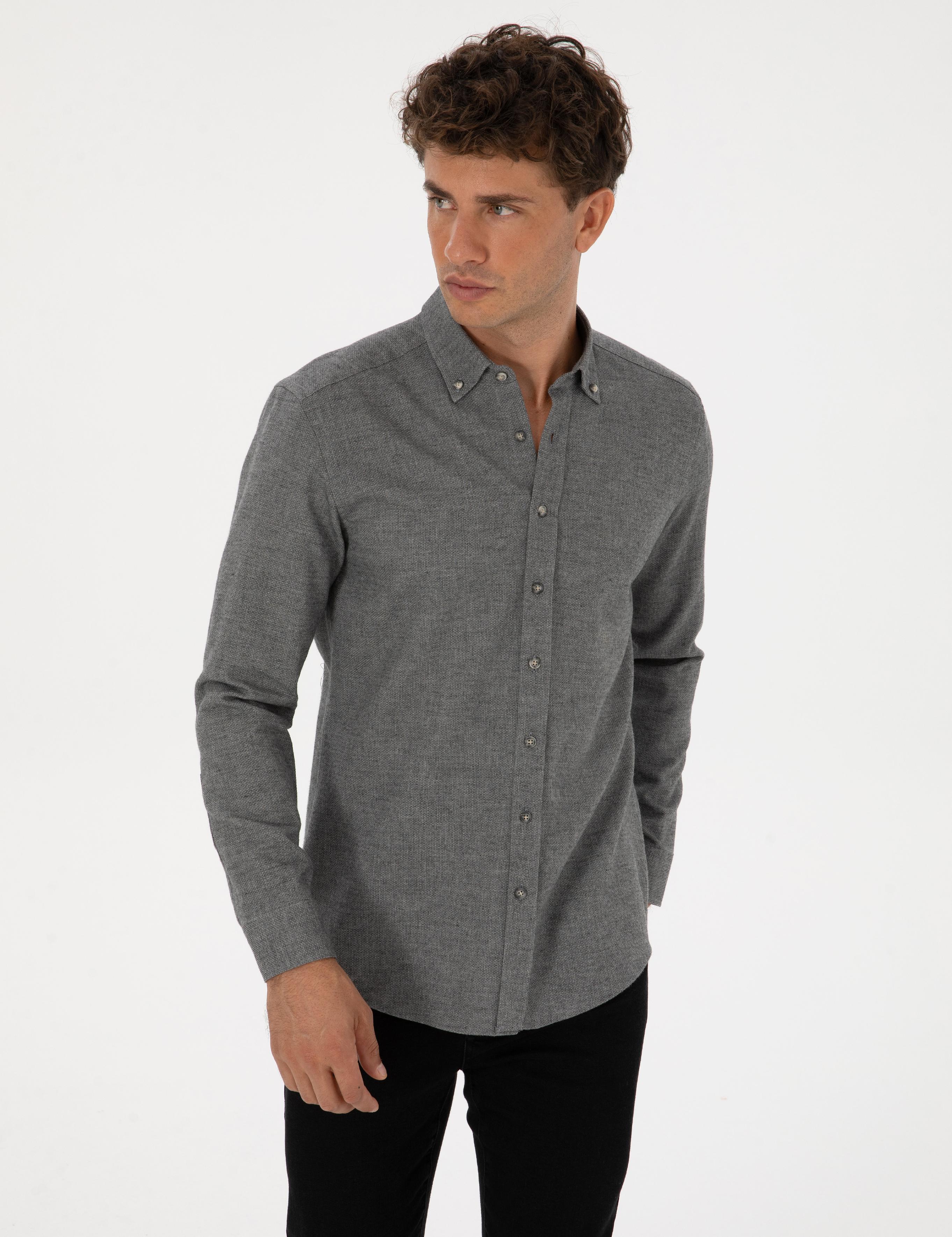 Gri Slim Fit Uzun Kollu Gömlek