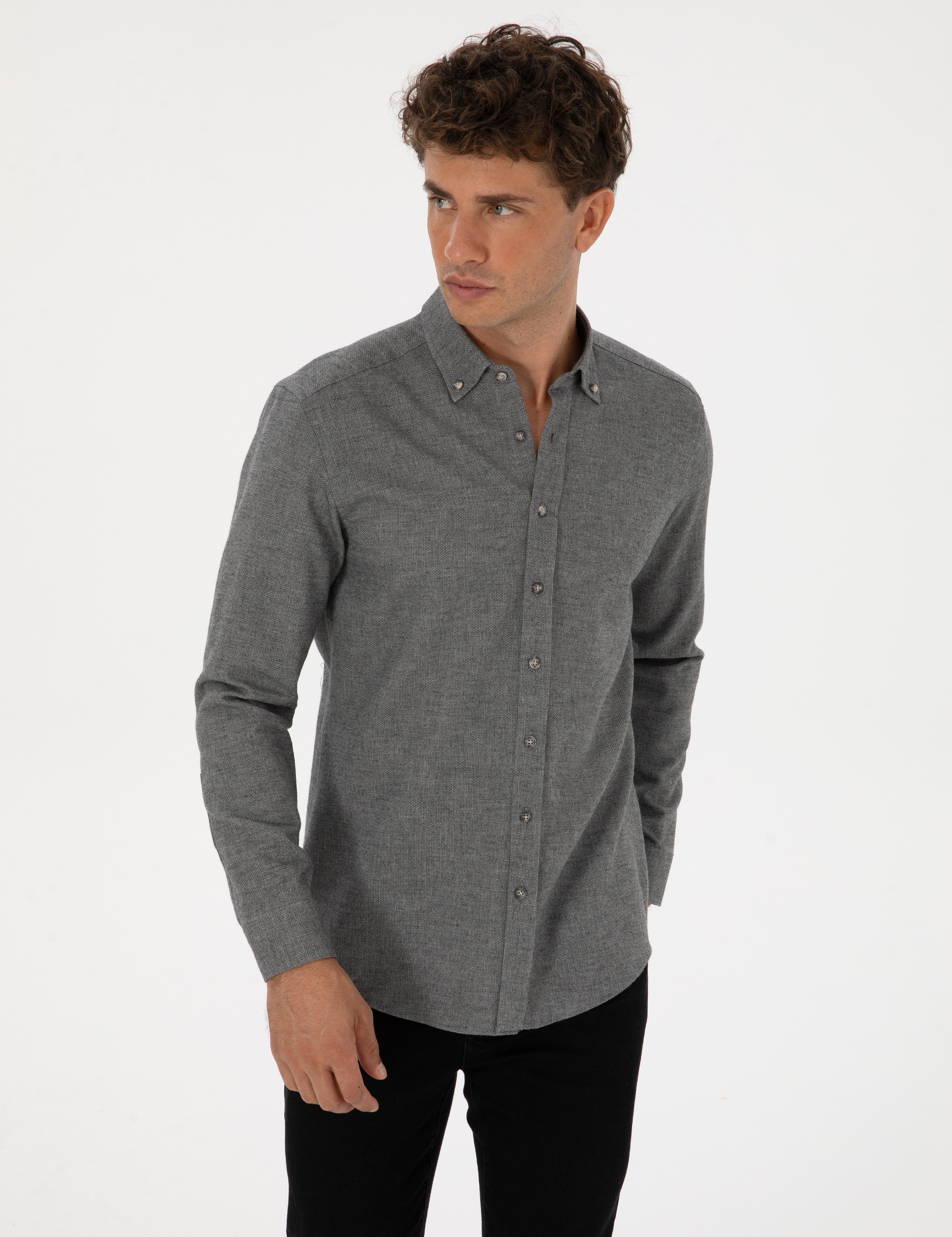 Gri Slim Fit Uzun Kollu Gömlek - Image 3