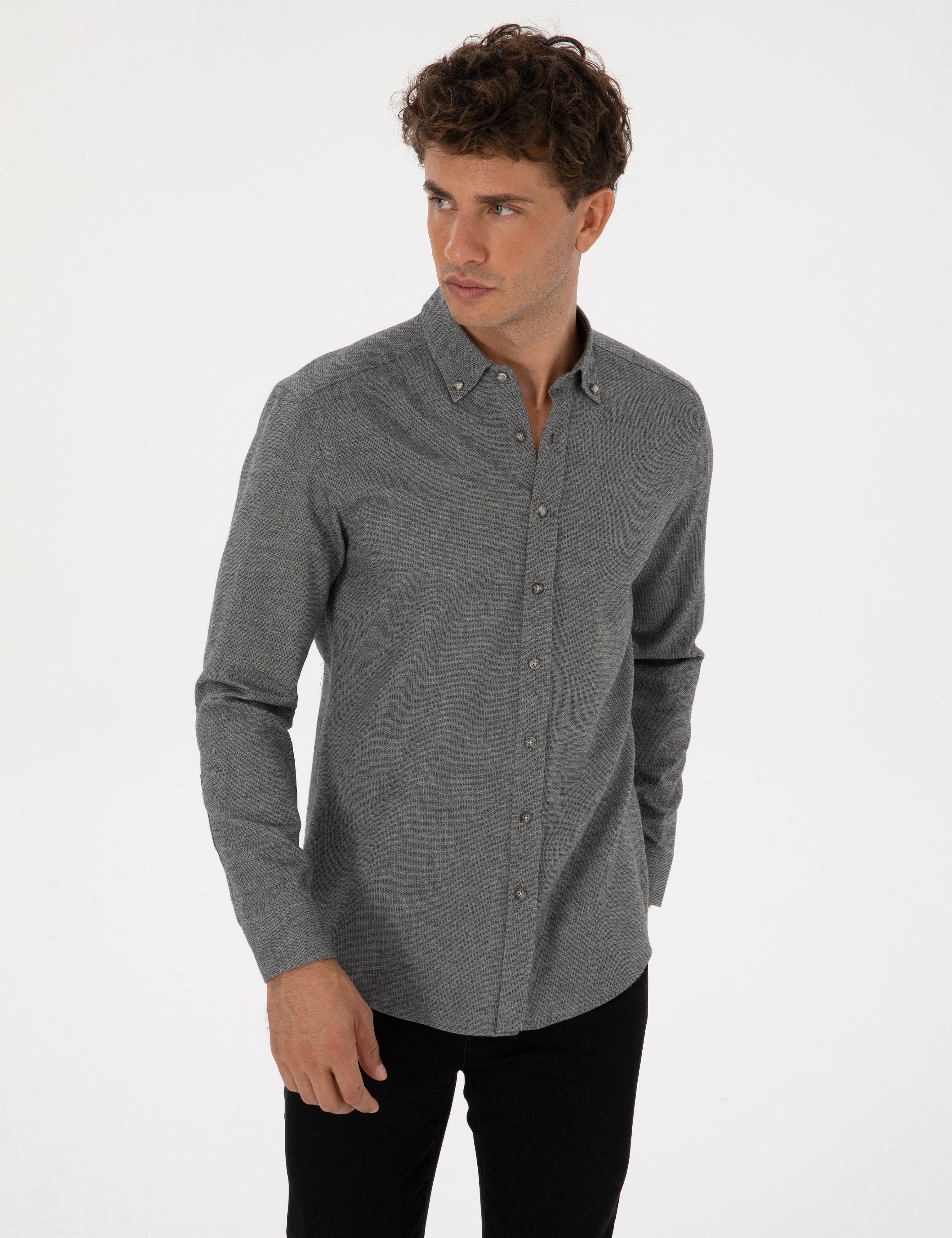 Gri Slim Fit Uzun Kollu Gömlek
