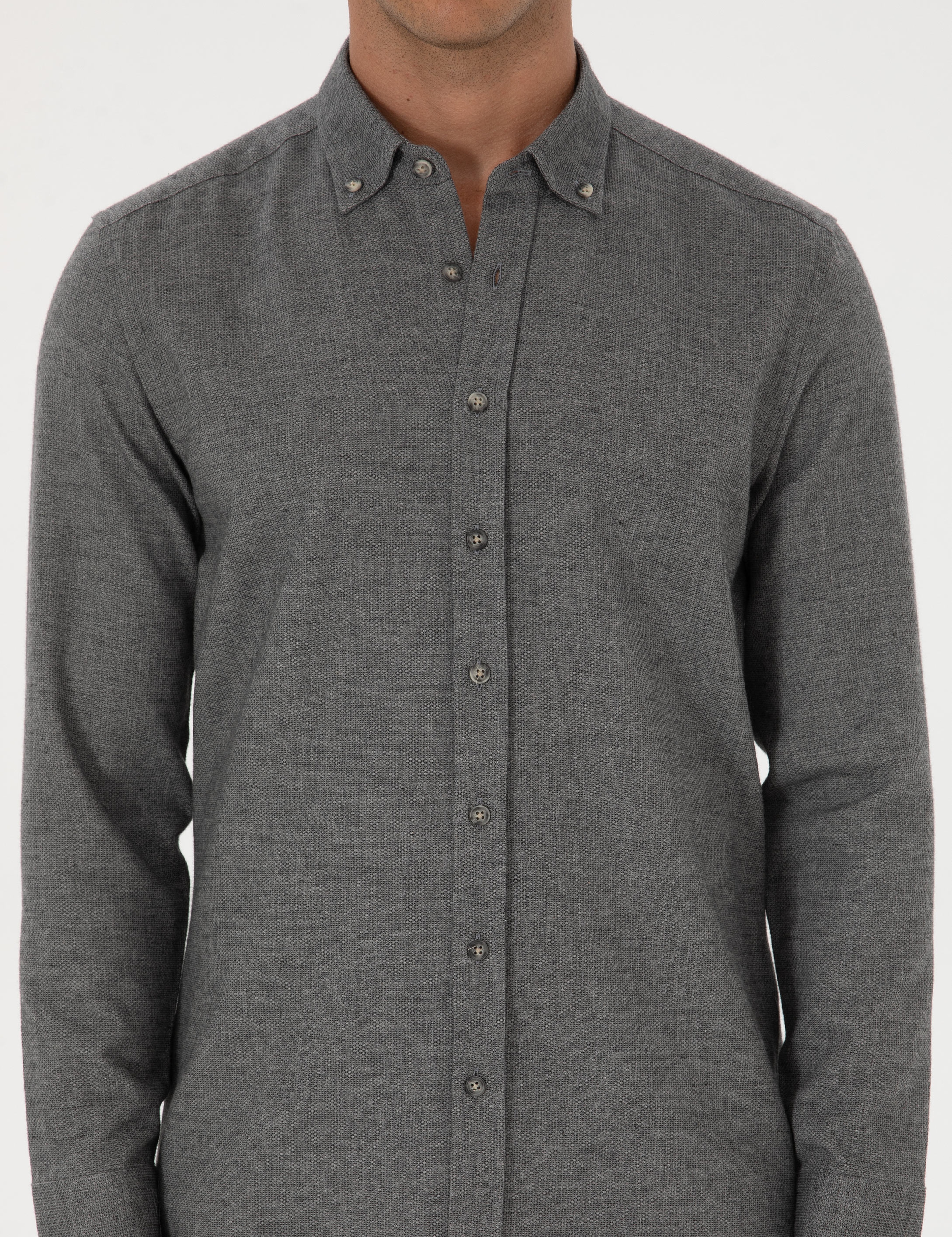 Gri Slim Fit Uzun Kollu Gömlek - Image 6