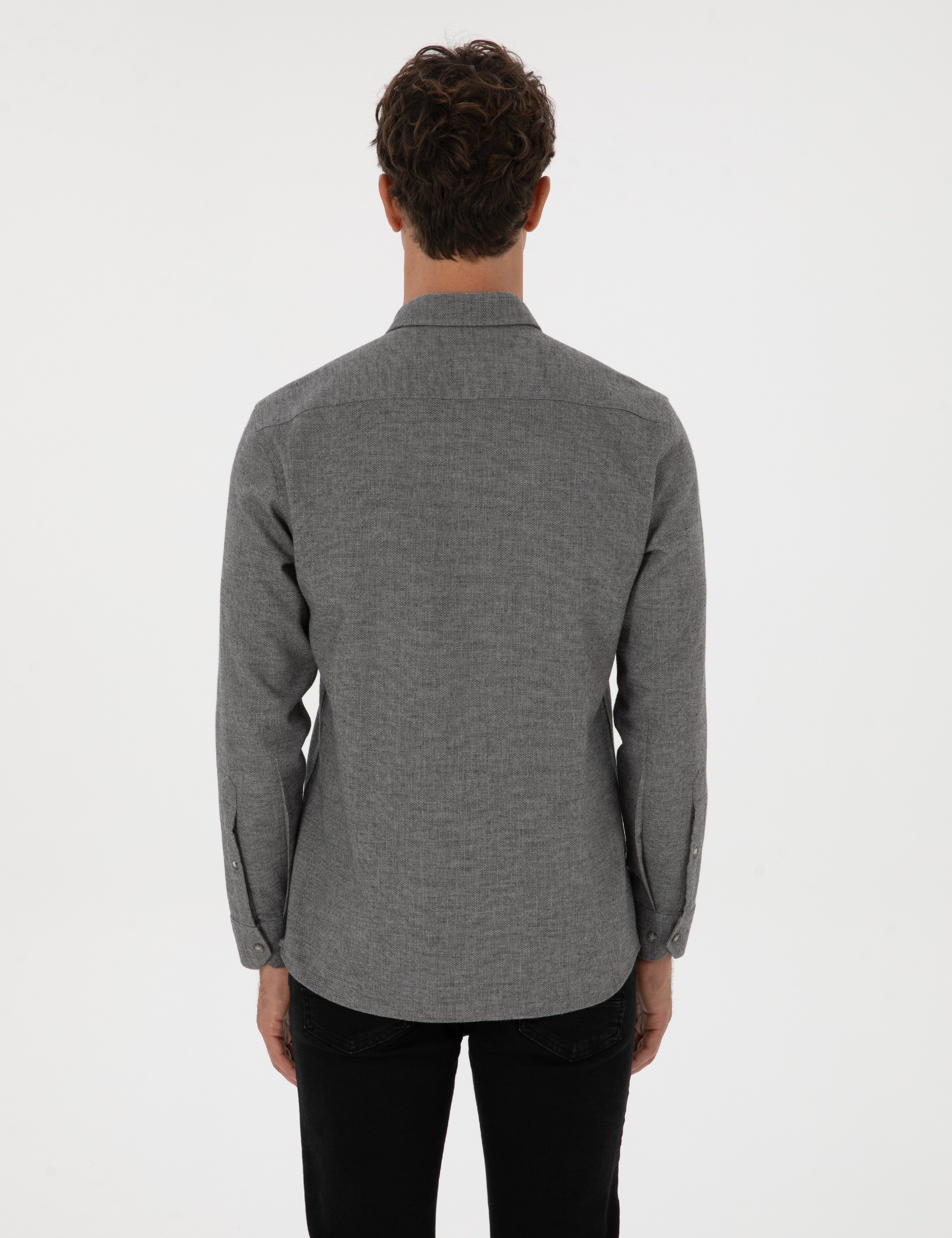 Gri Slim Fit Uzun Kollu Gömlek - Image 5