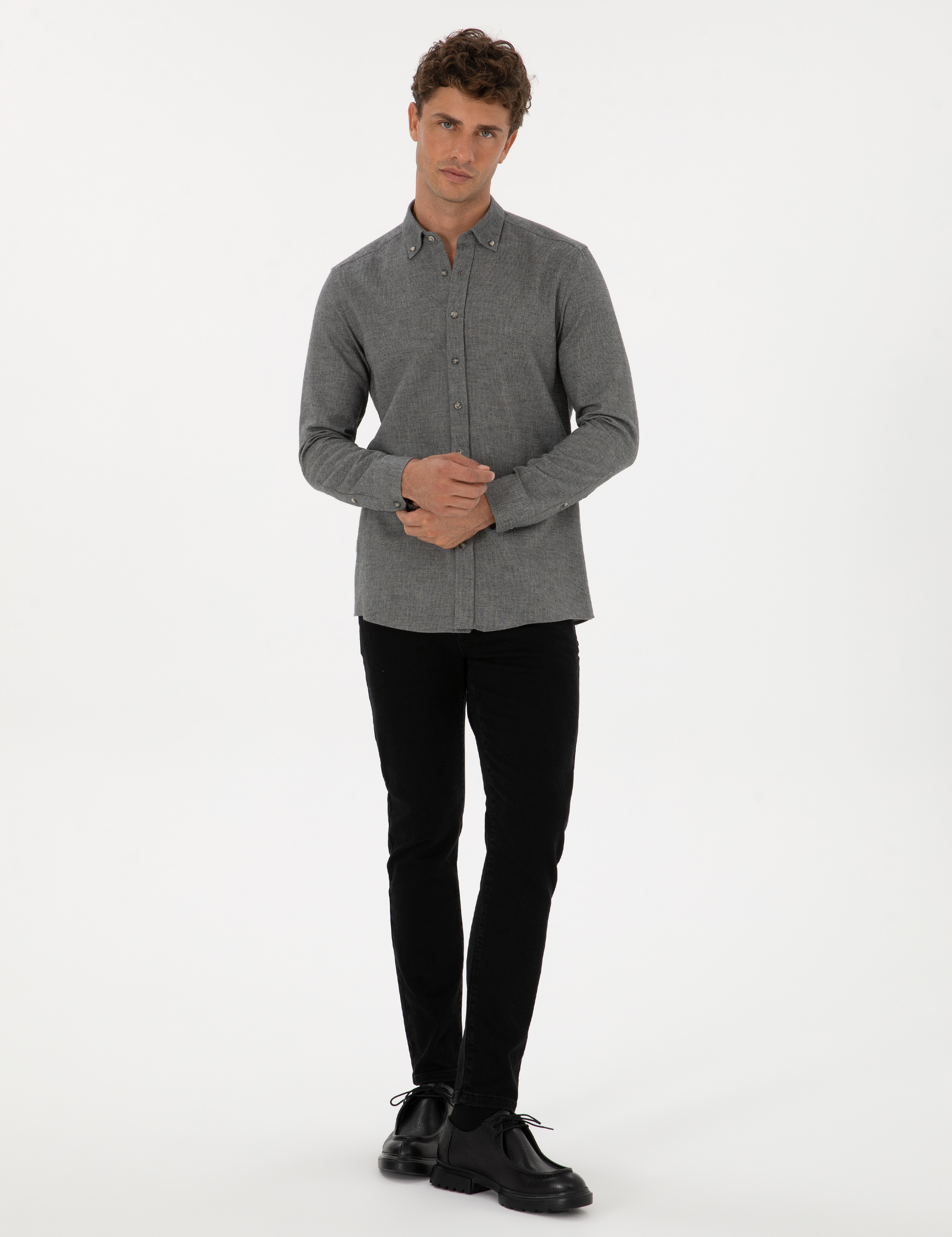 Gri Slim Fit Uzun Kollu Gömlek - Image 4