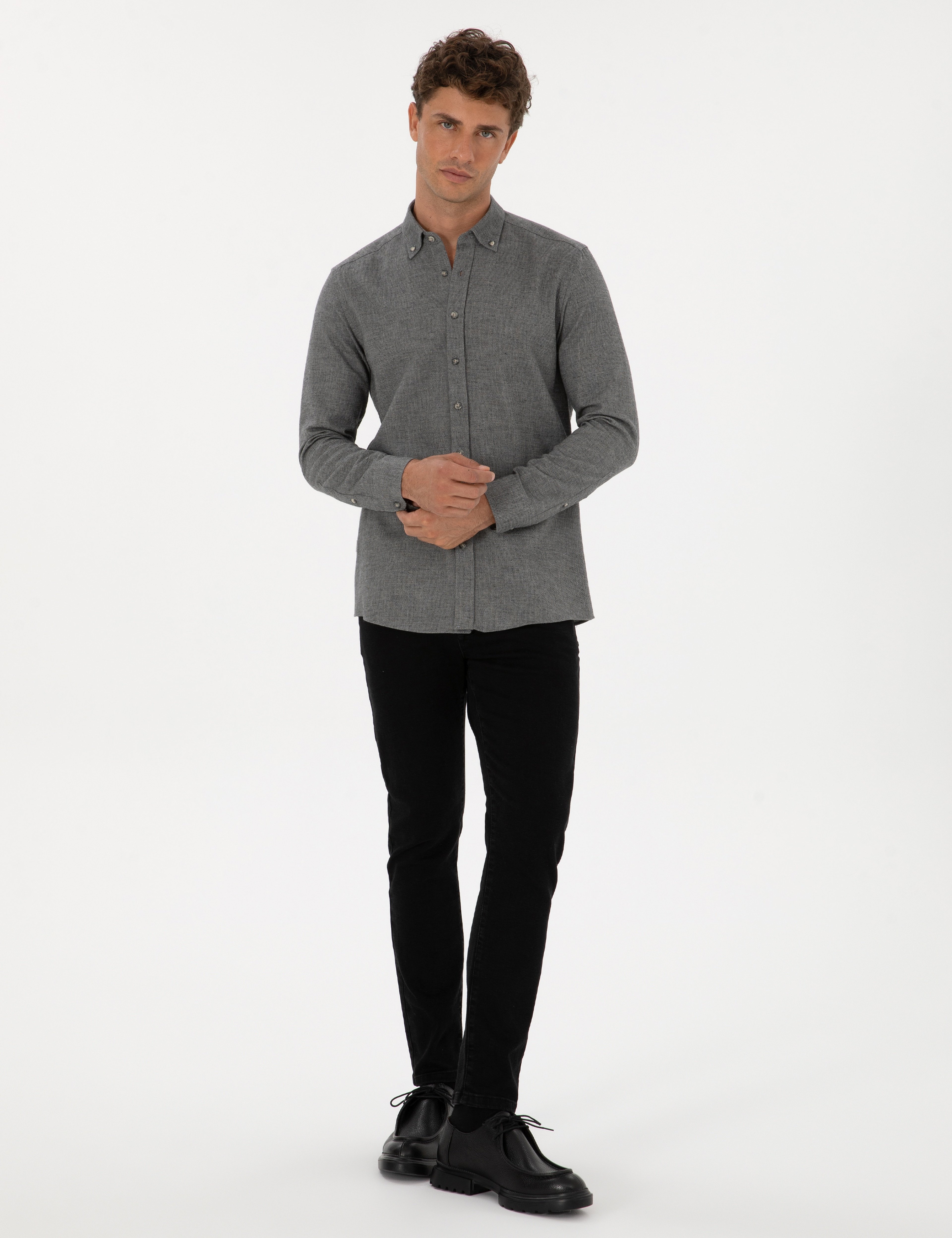 Gri Slim Fit Uzun Kollu Gömlek