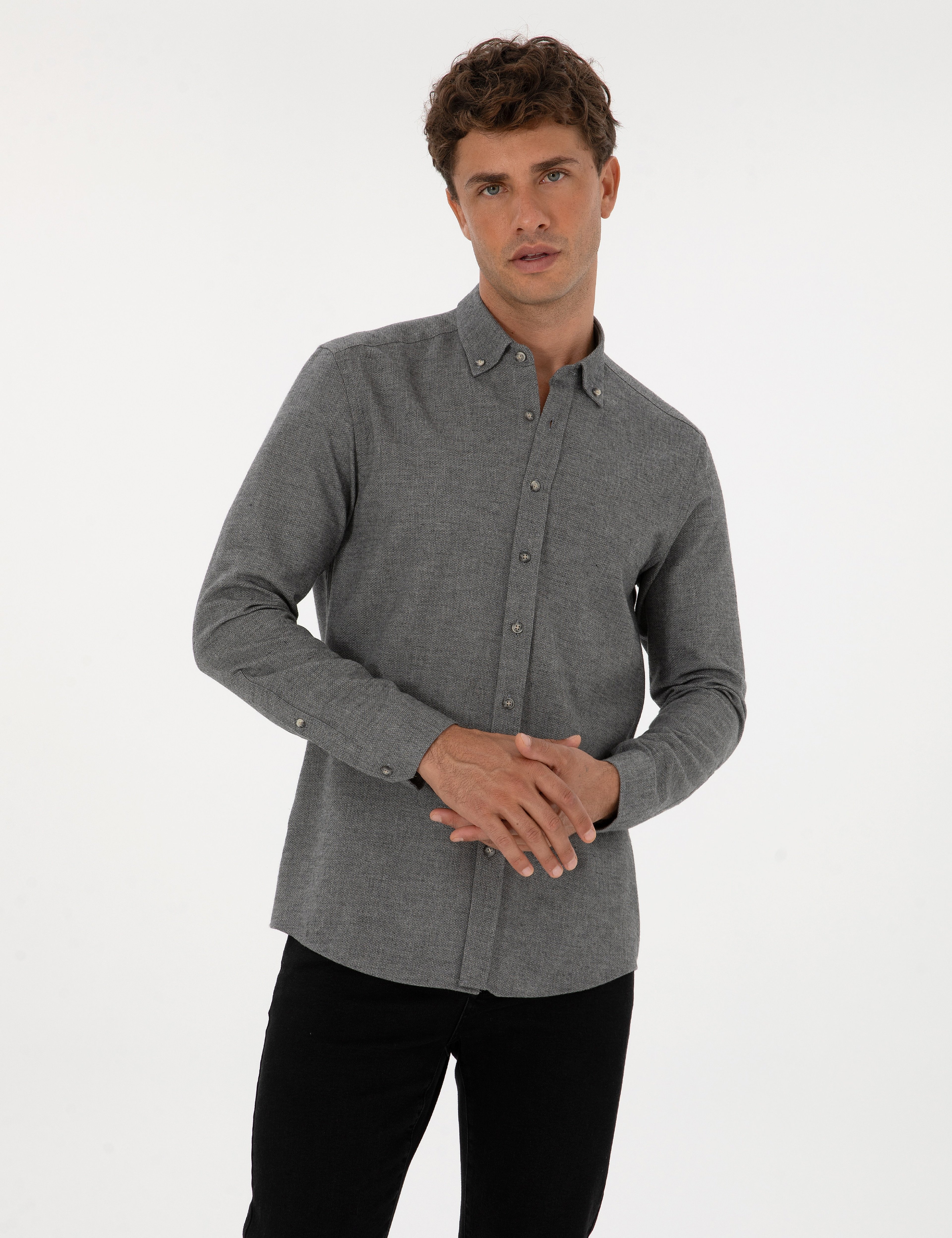 Gri Slim Fit Uzun Kollu Gömlek