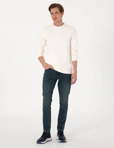 Ekru 3 İplik Regular Fit Bisiklet Yaka Basic Sweatshirt
