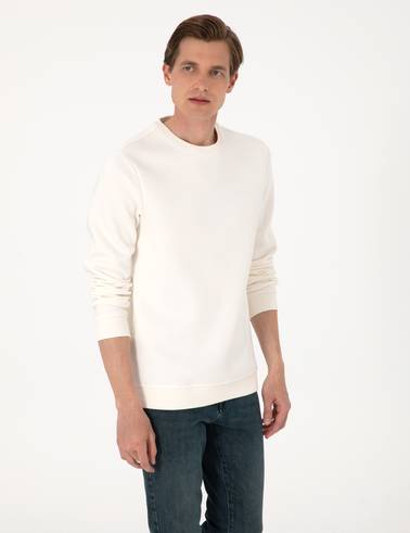 Ekru 3 İplik Regular Fit Bisiklet Yaka Basic Sweatshirt