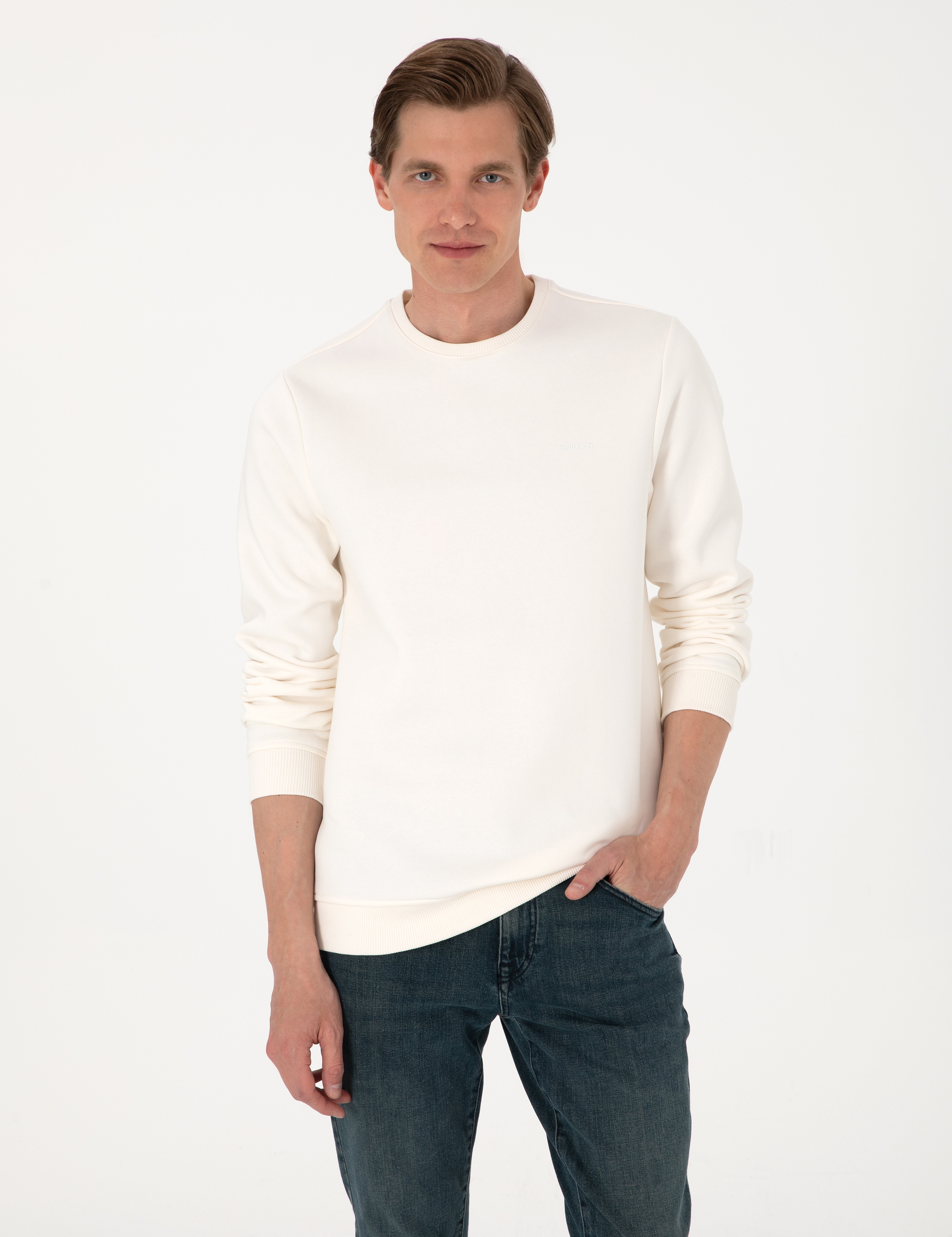 Ekru 3 İplik Regular Fit Bisiklet Yaka Basic Sweatshirt - Image 1
