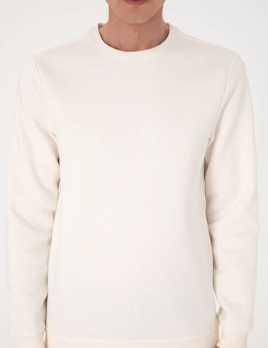 Ekru 3 İplik Regular Fit Bisiklet Yaka Basic Sweatshirt