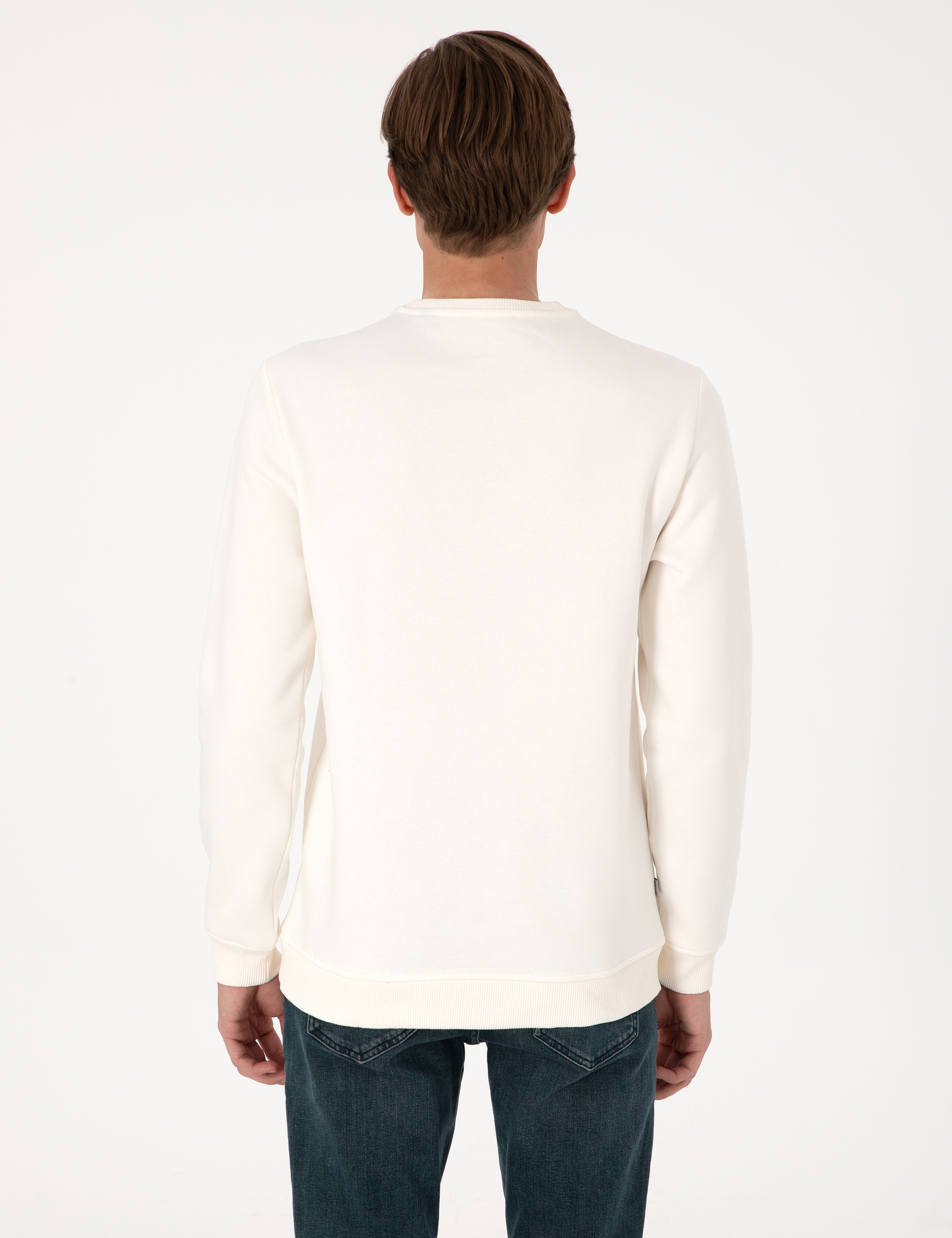 Ekru 3 İplik Regular Fit Bisiklet Yaka Basic Sweatshirt - Image 5
