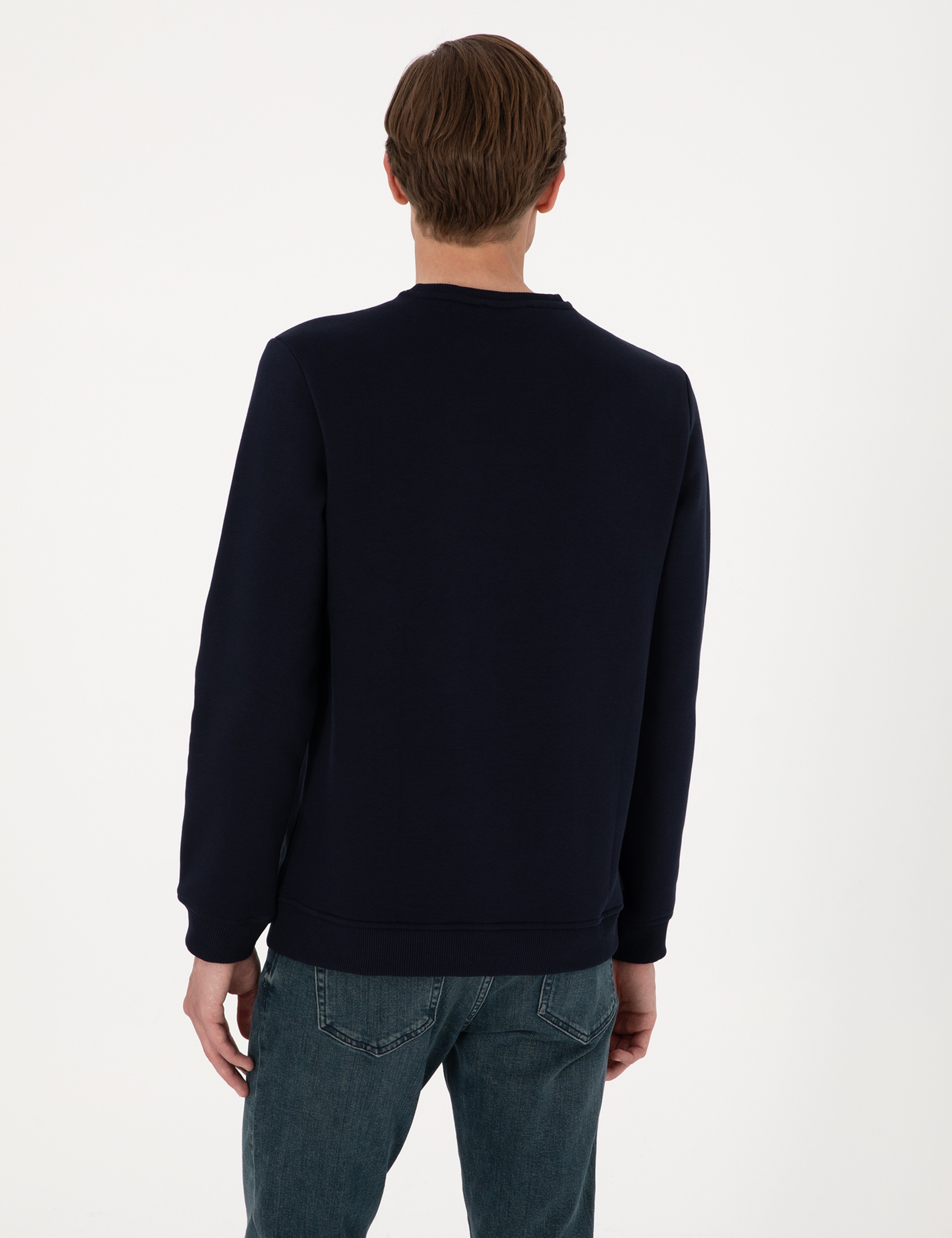 Lacivert 3 İplik Regular Fit Bisiklet Yaka Basic Sweatshirt - Image 5