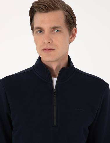 Lacivert 3 İplik Regular Fit Fermuarlı Dik Yaka Basic Sweatshirt