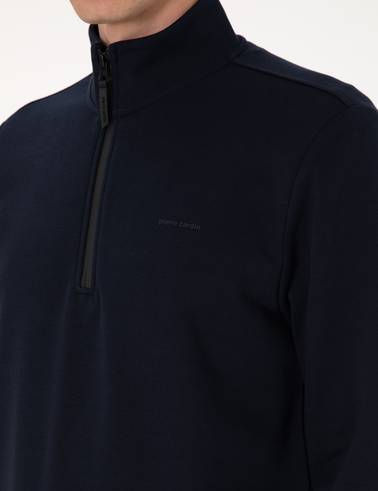 Lacivert 3 İplik Regular Fit Fermuarlı Dik Yaka Basic Sweatshirt