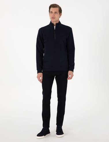 Lacivert 3 İplik Regular Fit Fermuarlı Dik Yaka Basic Sweatshirt