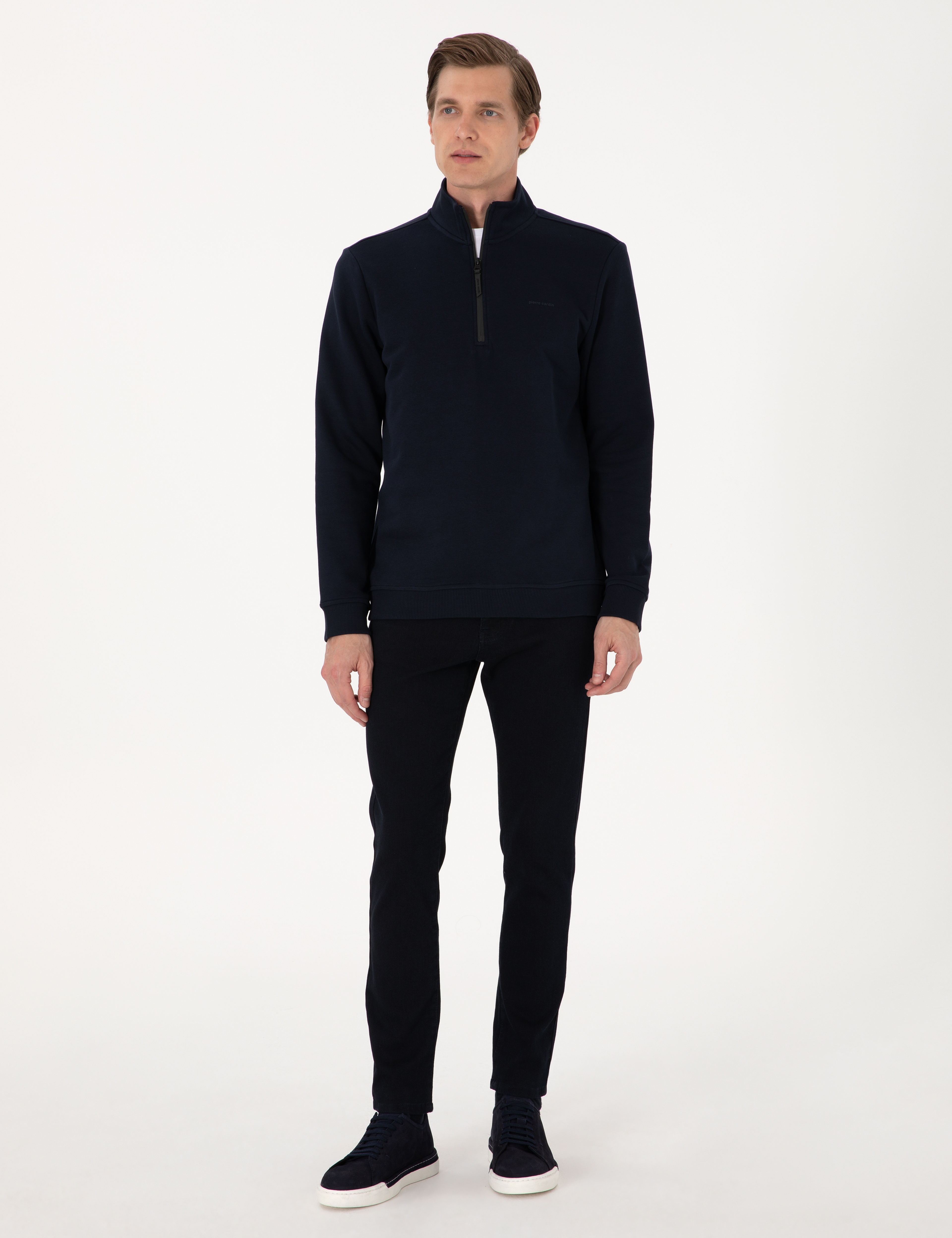 Lacivert 3 İplik Regular Fit Fermuarlı Dik Yaka Basic Sweatshirt - Image 4