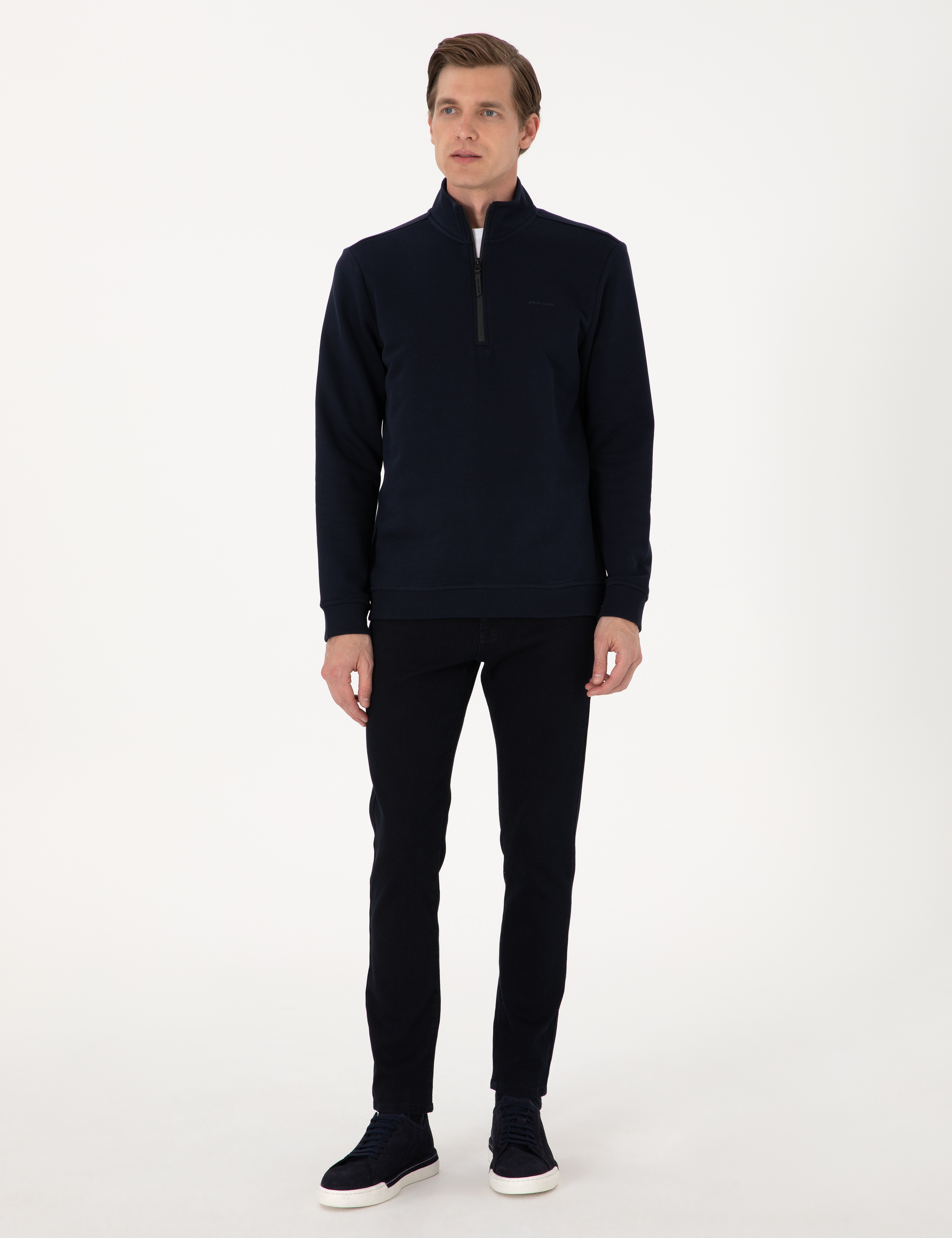 Lacivert 3 İplik Regular Fit Fermuarlı Dik Yaka Basic Sweatshirt