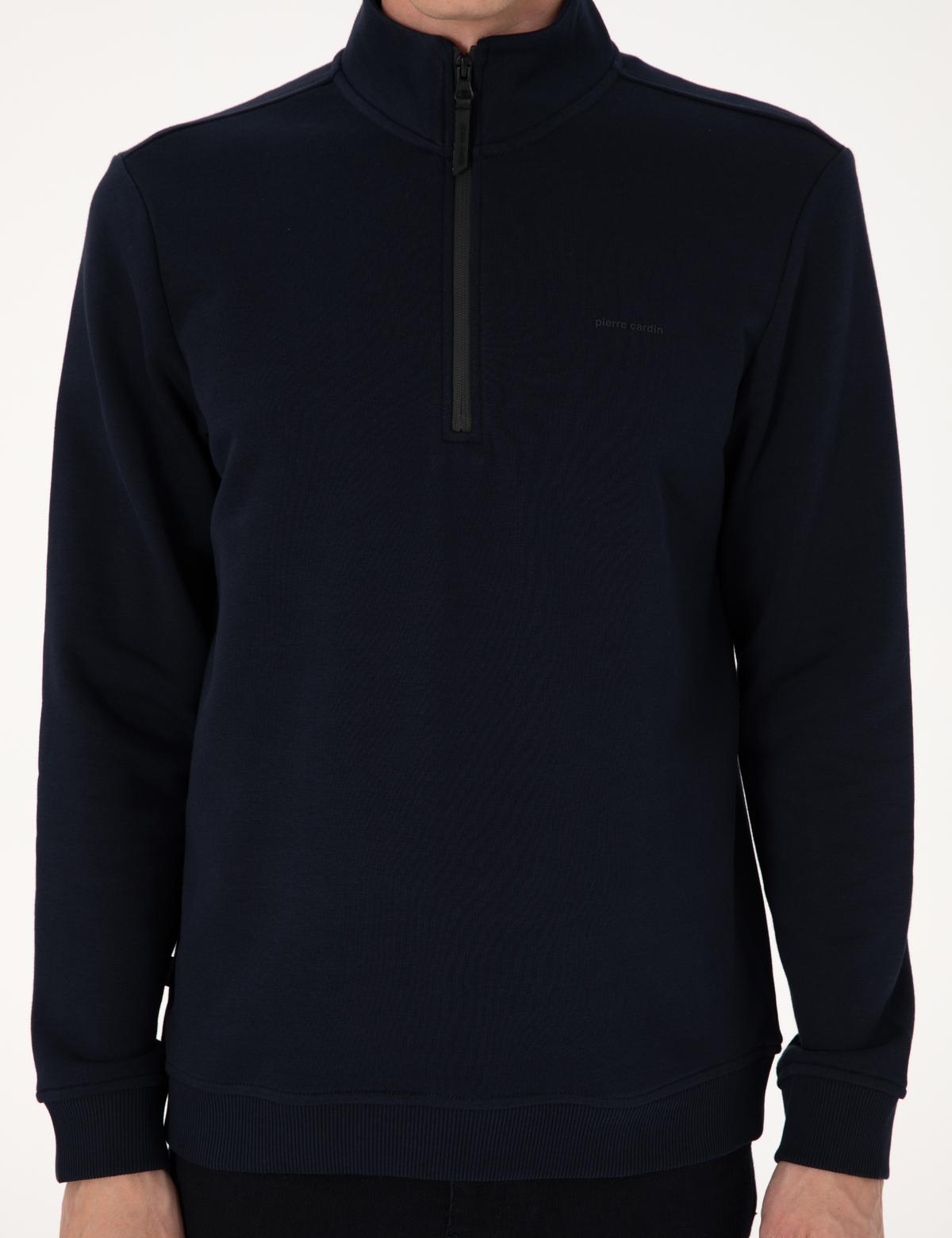 Lacivert 3 İplik Regular Fit Fermuarlı Dik Yaka Basic Sweatshirt - 50314044027